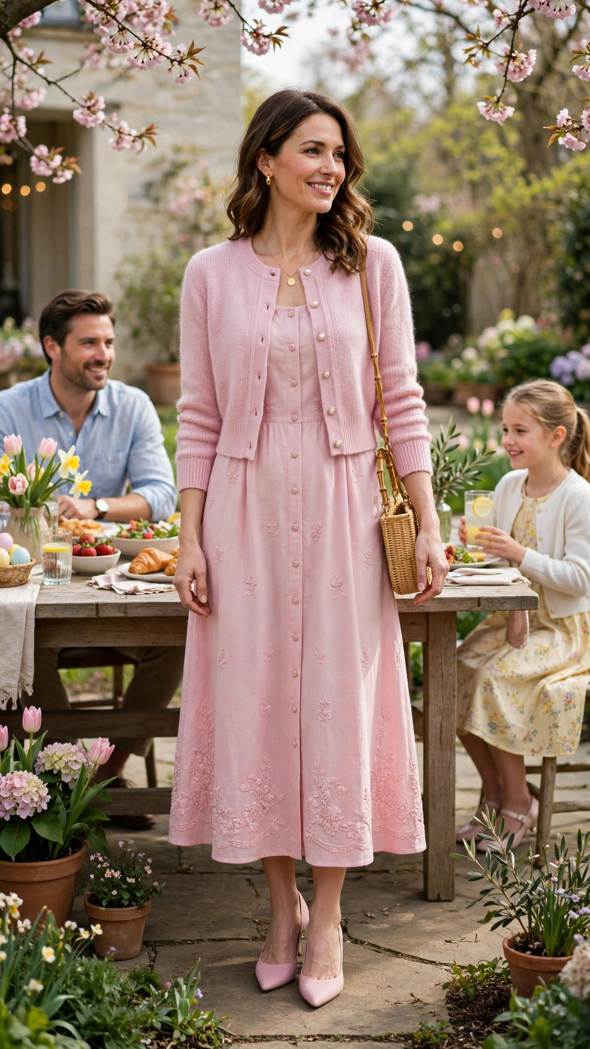 38 Easter Midi Dress Outfits with a Cardigan for Spring That Are Fresh, Chic and Easy to Wear 21 Powder Pink Easter Midi Dress Outfit with a cropped cardigan and pointed pumps