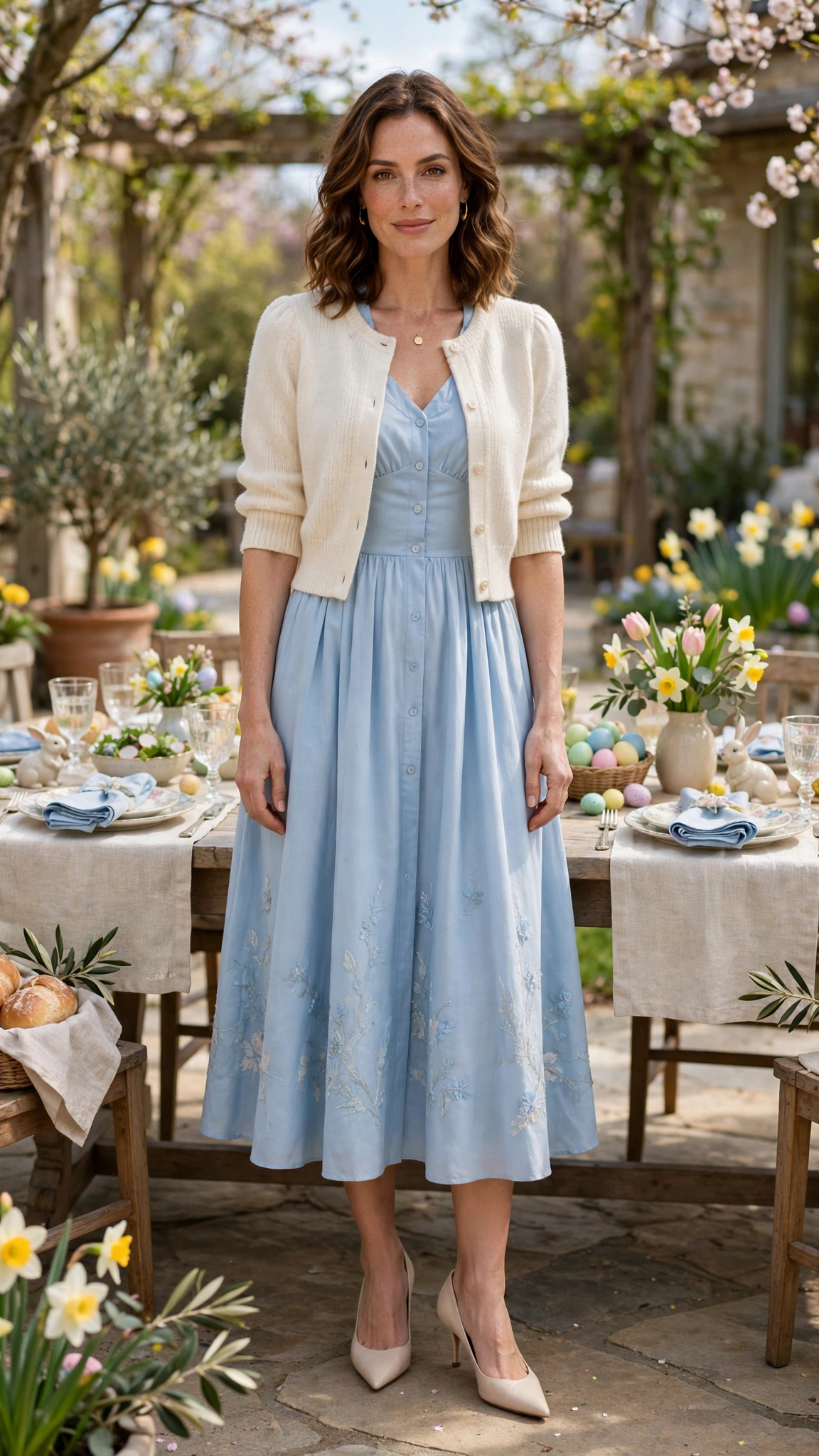 38 Easter Midi Dress Outfits with a Cardigan for Spring That Are Fresh, Chic and Easy to Wear 22 Baby Blue Easter Midi Dress Outfit with a cropped cardigan and pointed pumps