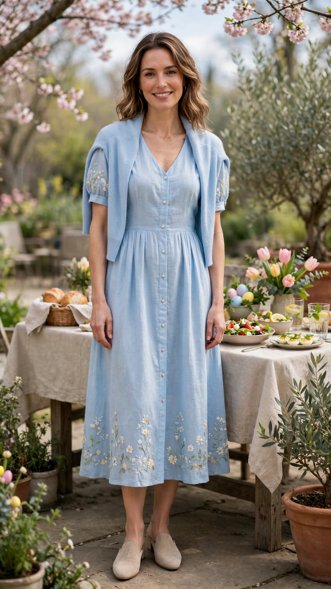 38 Easter Midi Dress Outfits with a Cardigan for Spring That Are Fresh, Chic and Easy to Wear 23 Baby Blue Easter Midi Dress Outfit with a cashmere cardigan and mules