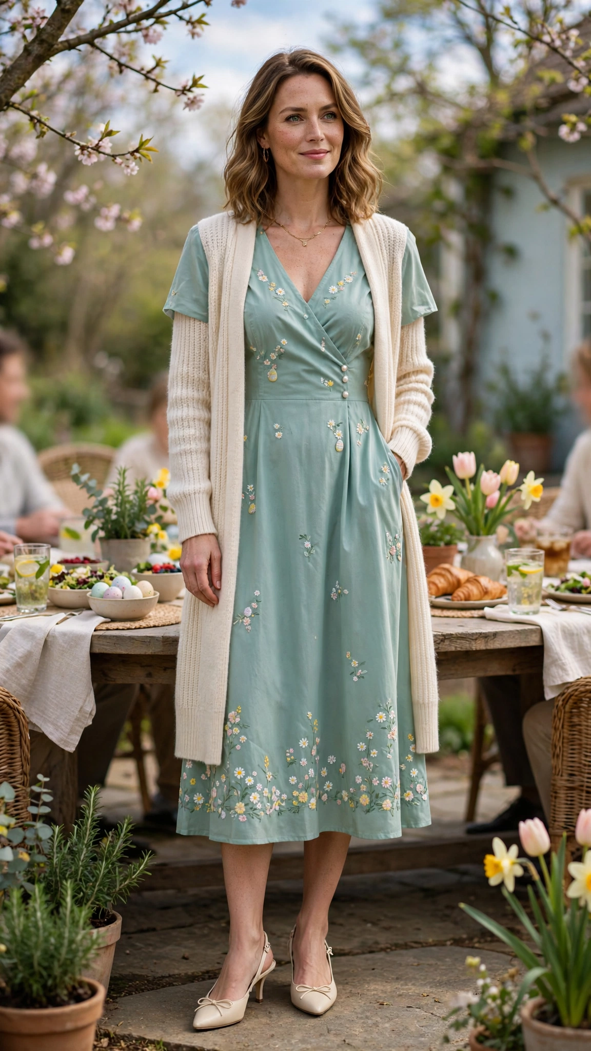 38 Easter Midi Dress Outfits with a Cardigan for Spring That Are Fresh, Chic and Easy to Wear 25 Seafoam Easter Midi Dress Outfit with a longline cardigan and slingbacks