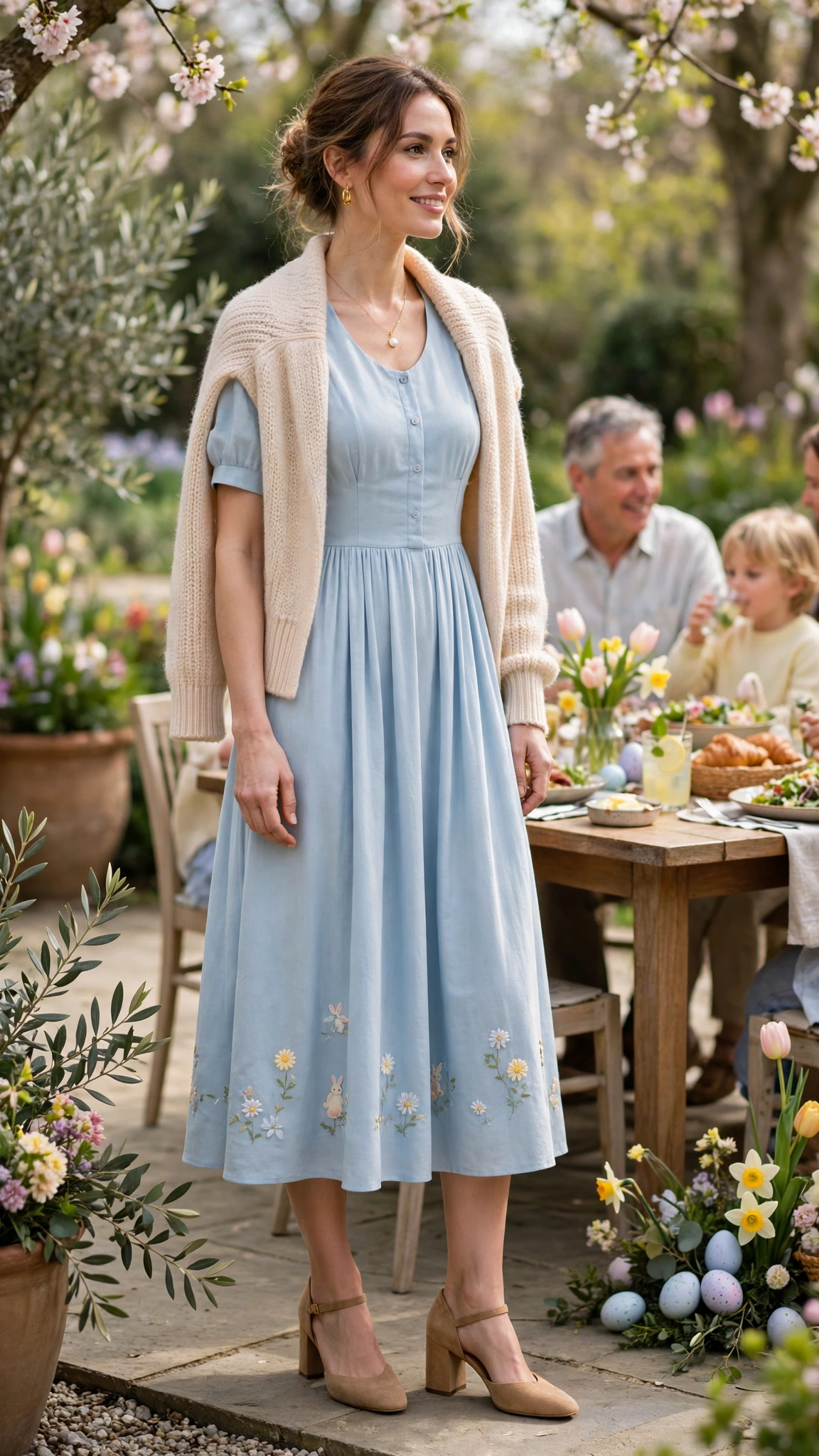 38 Easter Midi Dress Outfits with a Cardigan for Spring That Are Fresh, Chic and Easy to Wear 26 Baby Blue Easter Midi Dress Outfit with a soft cardigan and block heels