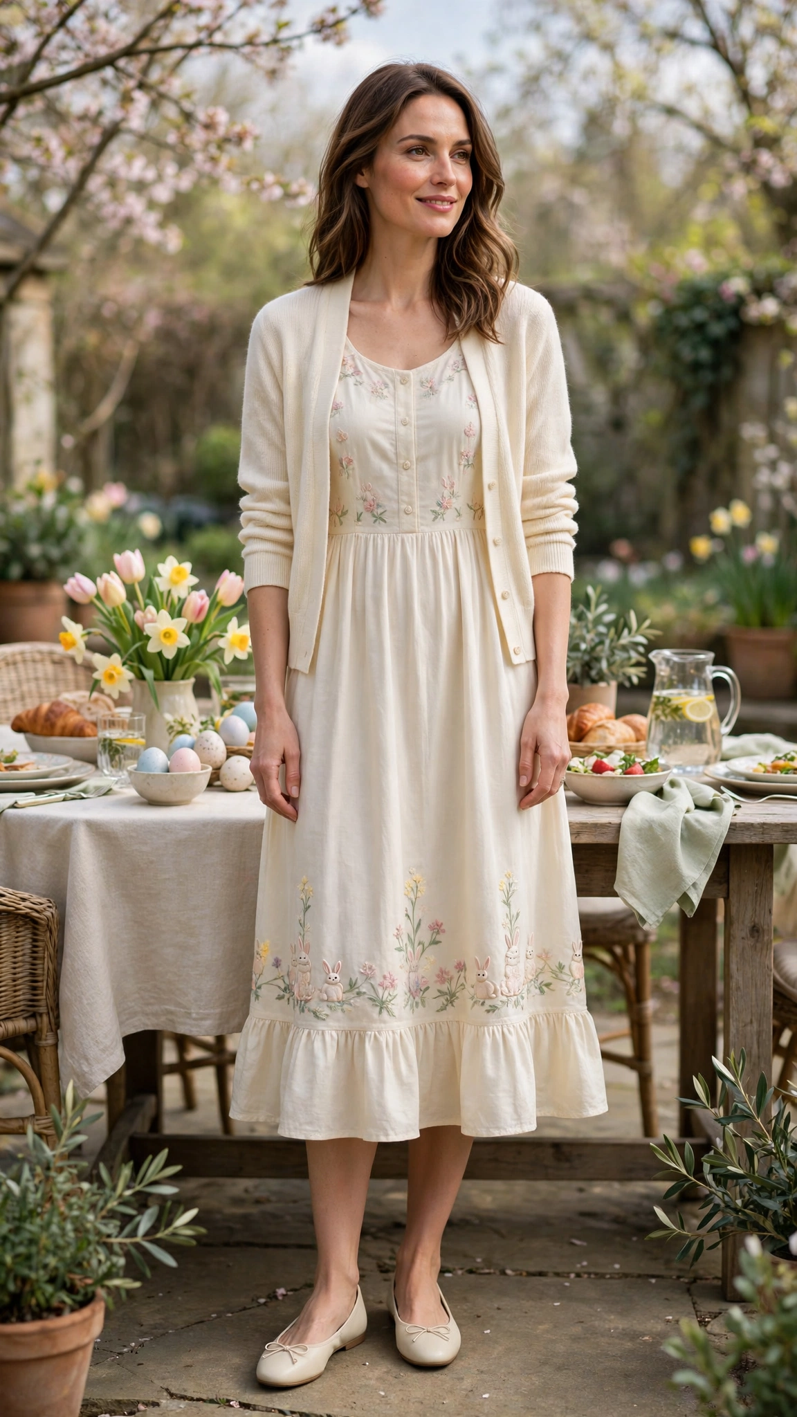 38 Easter Midi Dress Outfits with a Cardigan for Spring That Are Fresh, Chic and Easy to Wear 28 Cream Easter Midi Dress Outfit with a cream cardigan and ballet flats
