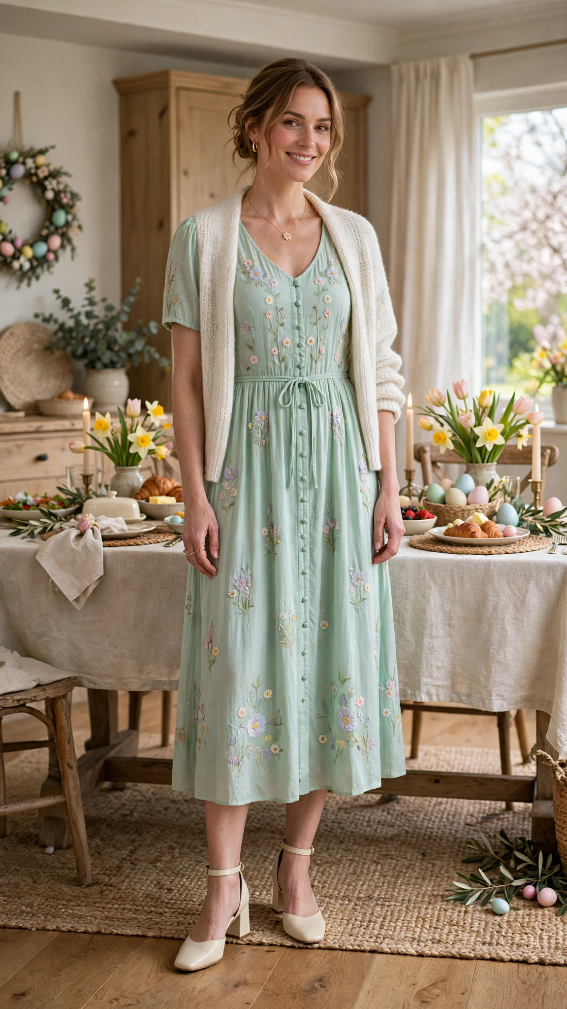 38 Easter Midi Dress Outfits with a Cardigan for Spring That Are Fresh, Chic and Easy to Wear 29 Mint Easter Midi Dress Outfit with a soft cardigan and block heels