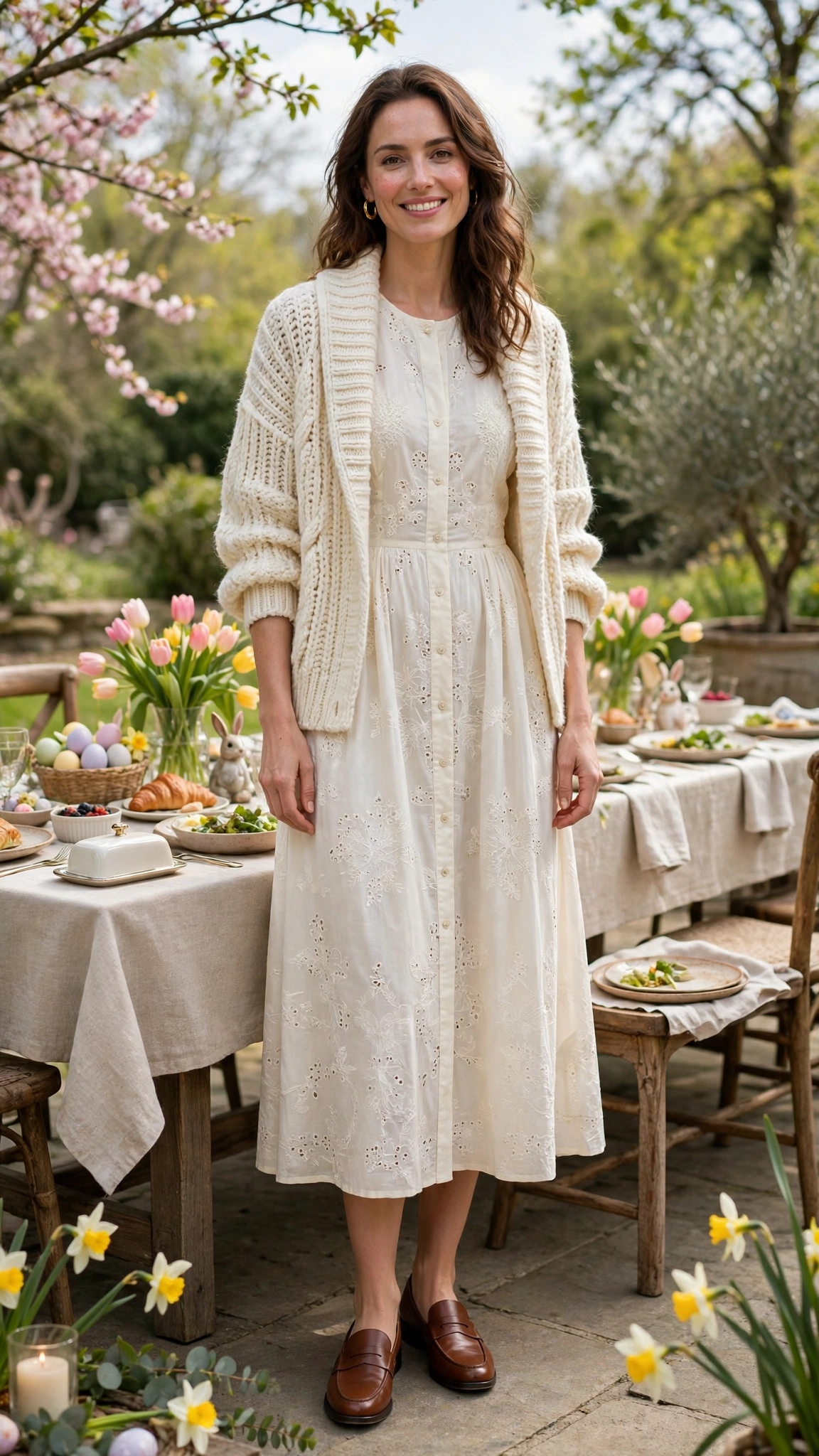 38 Easter Midi Dress Outfits with a Cardigan for Spring That Are Fresh, Chic and Easy to Wear 32 Ivory Easter Midi Dress Outfit with a chunky knit cardigan and loafers