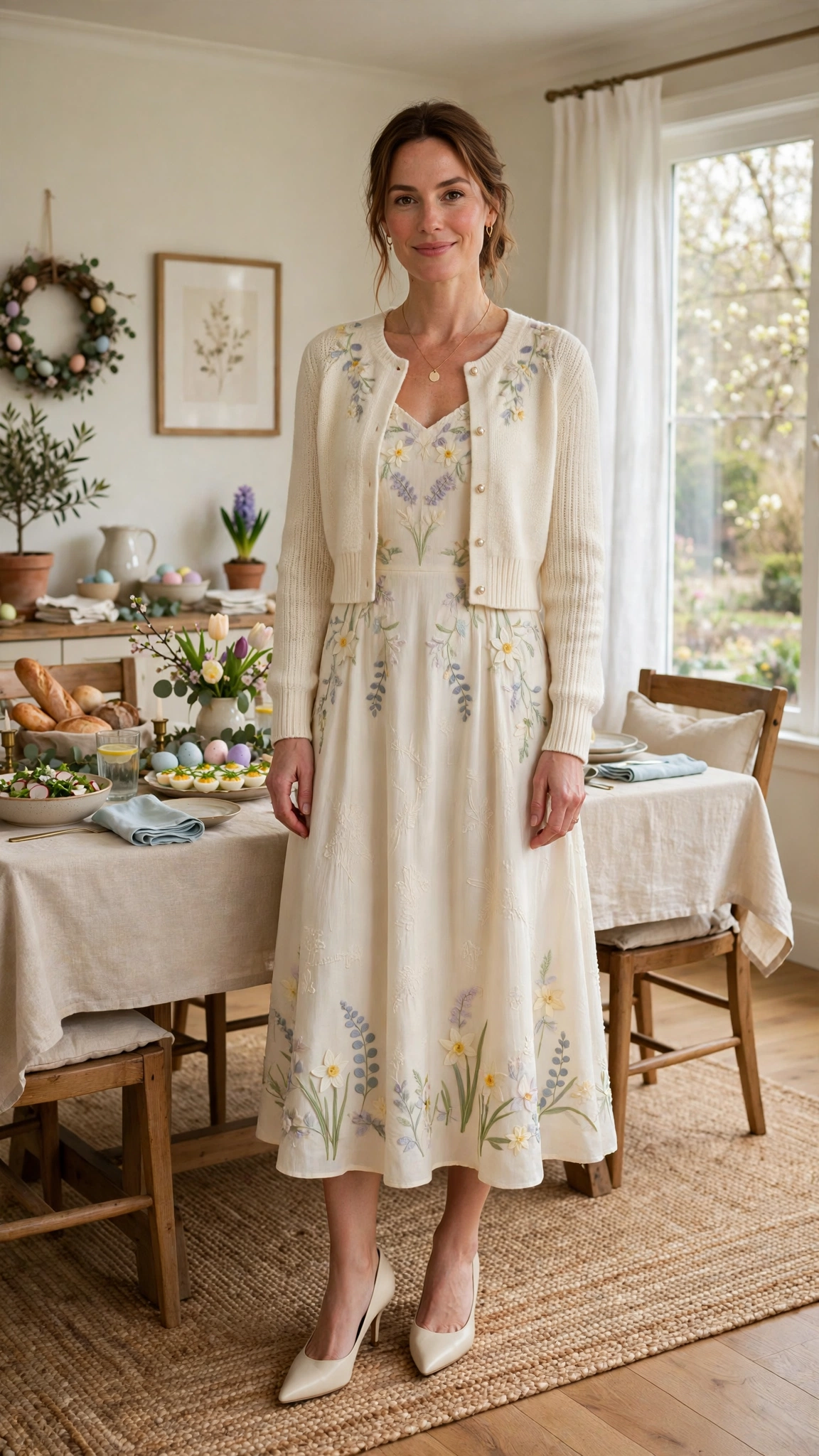 38 Easter Midi Dress Outfits with a Cardigan for Spring That Are Fresh, Chic and Easy to Wear 34 Cream Easter Midi Dress Outfit with a cropped cardigan and pointed pumps