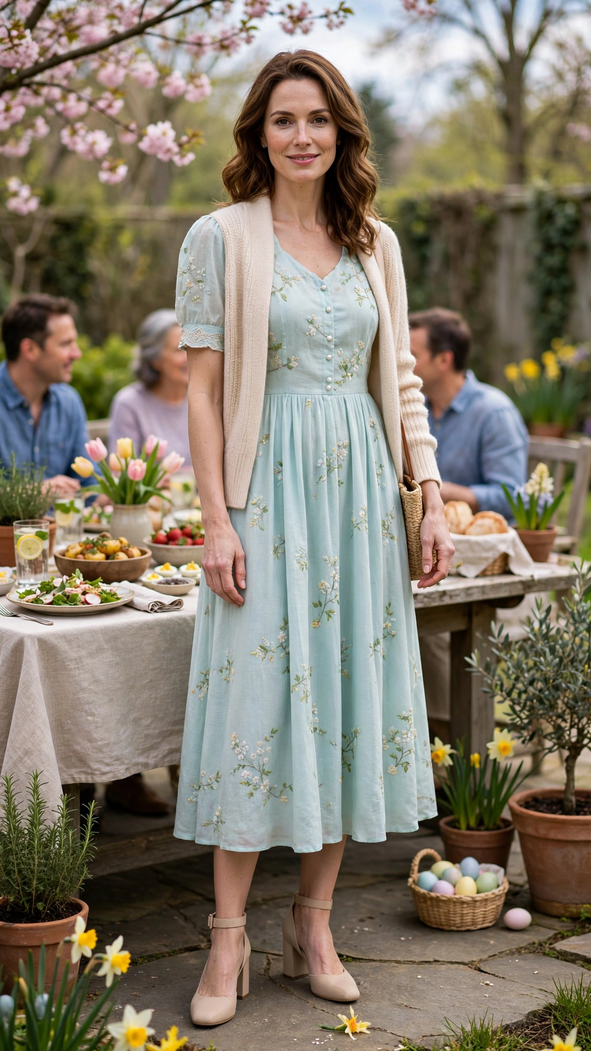 38 Easter Midi Dress Outfits with a Cardigan for Spring That Are Fresh, Chic and Easy to Wear 35 Light Aqua Easter Midi Dress Outfit with a soft cardigan and block heels