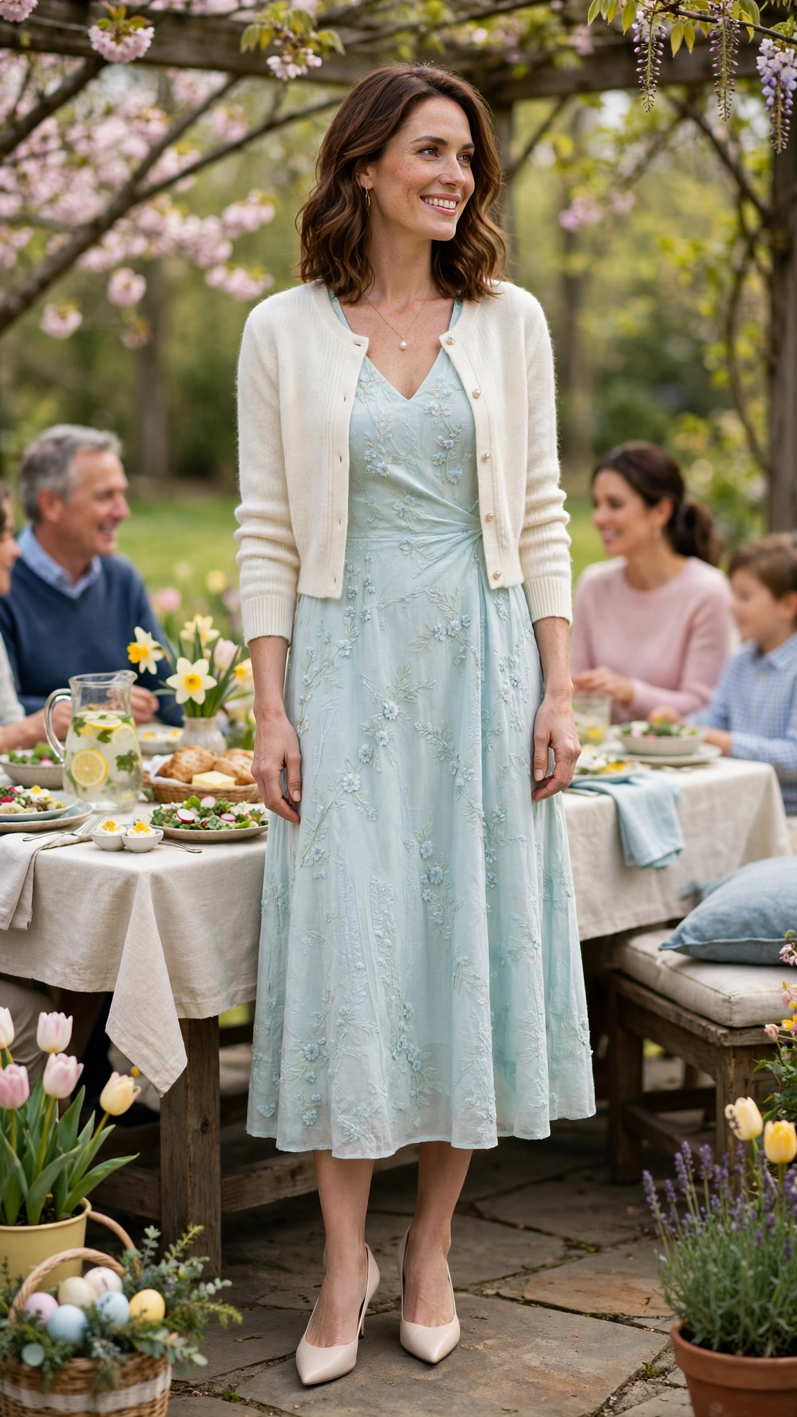 38 Easter Midi Dress Outfits with a Cardigan for Spring That Are Fresh, Chic and Easy to Wear 36 Light Aqua Easter Midi Dress Outfit with a cropped cardigan and pointed pumps