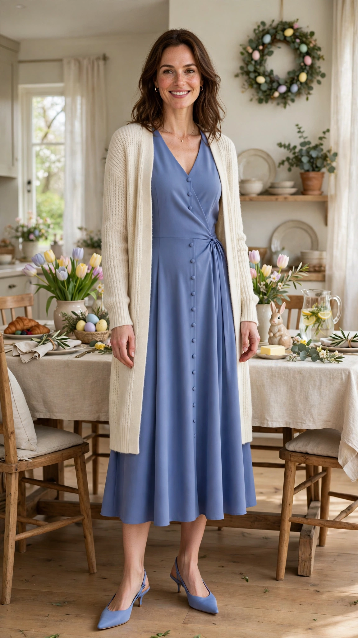 38 Easter Midi Dress Outfits with a Cardigan for Spring That Are Fresh, Chic and Easy to Wear 39 Periwinkle Easter Midi Dress Outfit with a longline cardigan and slingbacks