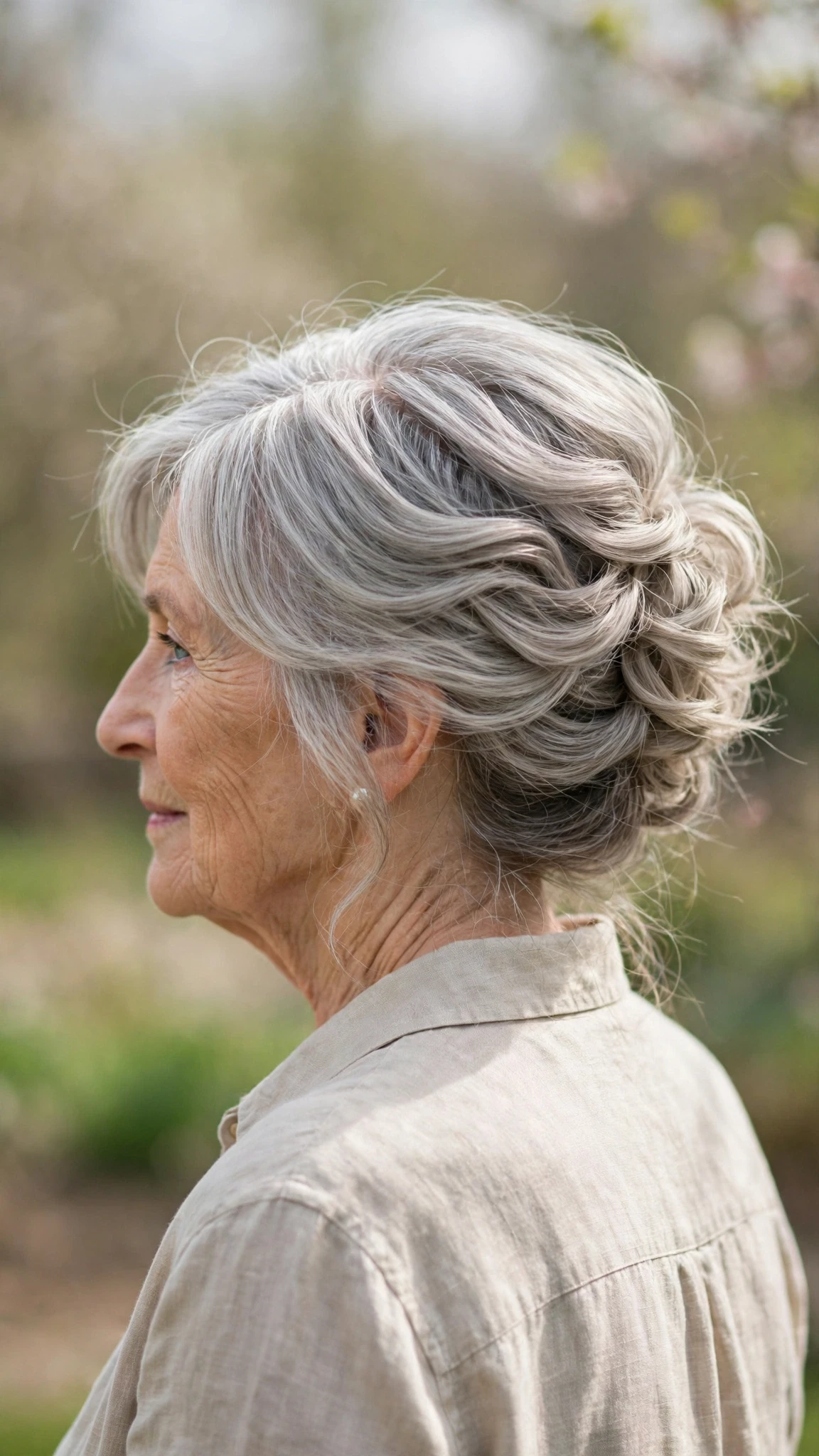 Effortless Spring Updos For Garden Parties With A Relaxed Lived-In Wave, A Centre Part With Soft Layers And Cool Ash Softness