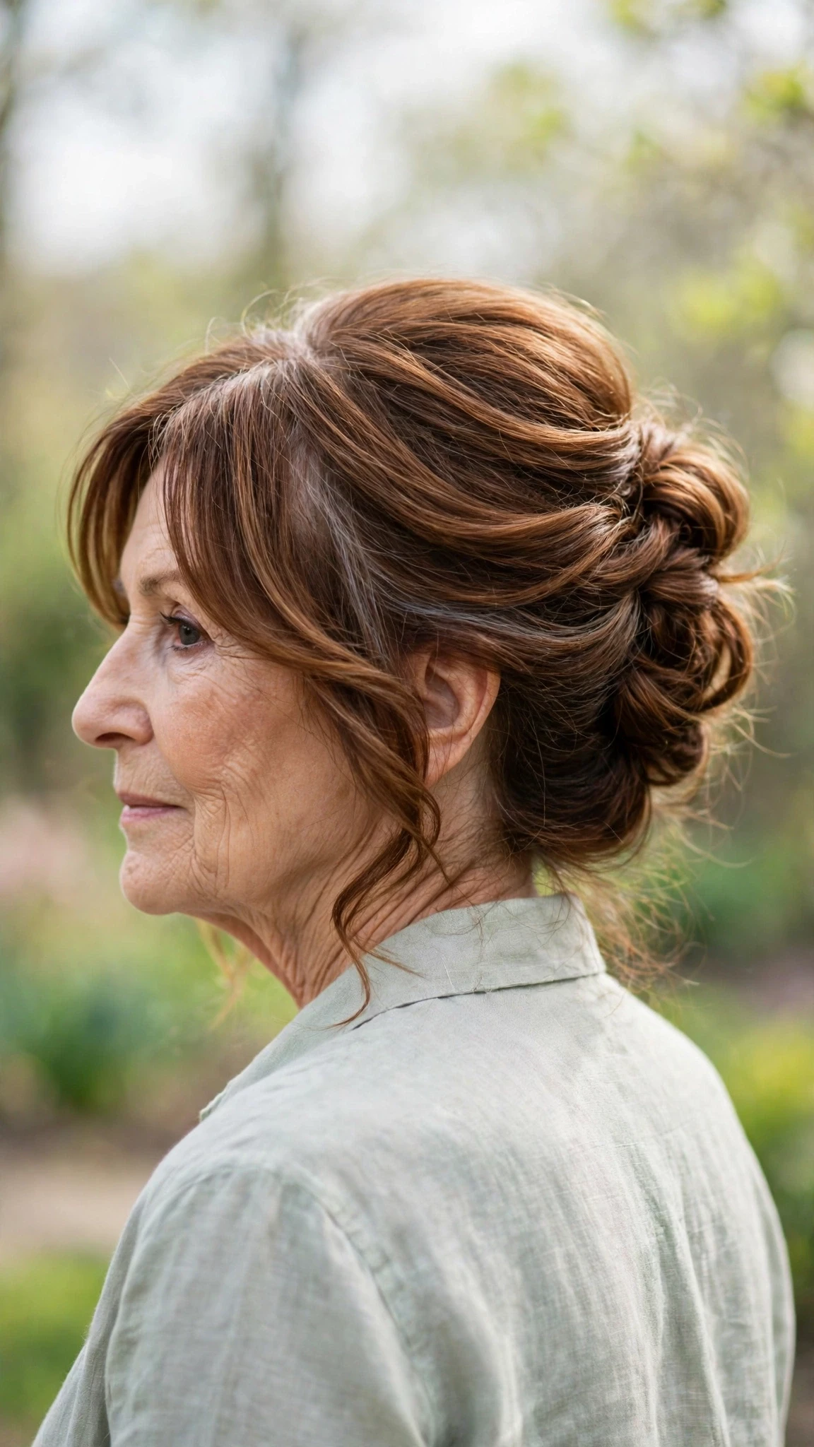 Effortless Spring Updos For Garden Parties With Smooth Glossy Lengths, Face-Framing Layers And Warm Chestnut Warmth