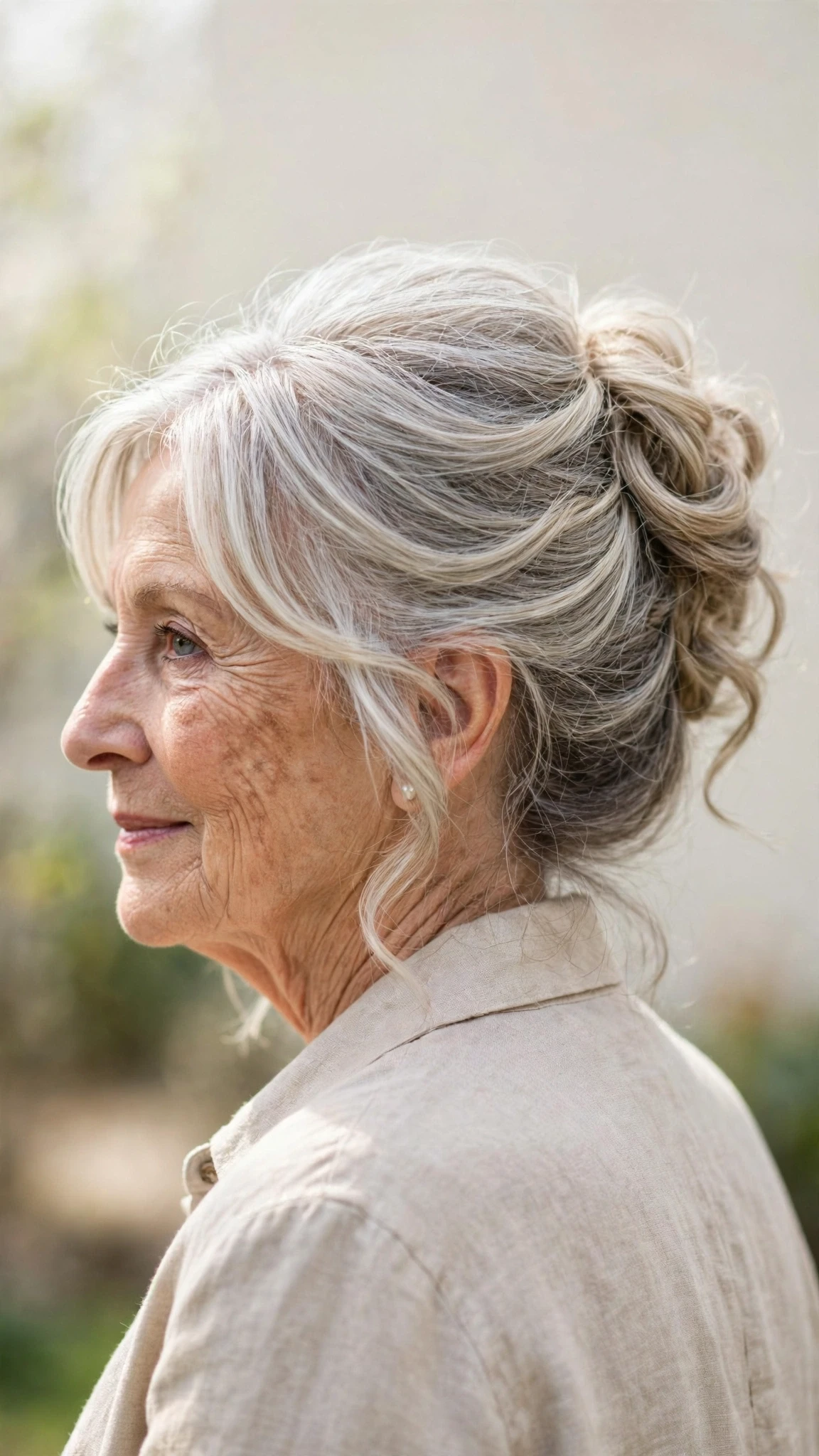 Effortless Spring Updos For Garden Parties With A Relaxed Lived-In Wave, Long Soft Layers And Silver-Blended Brightness