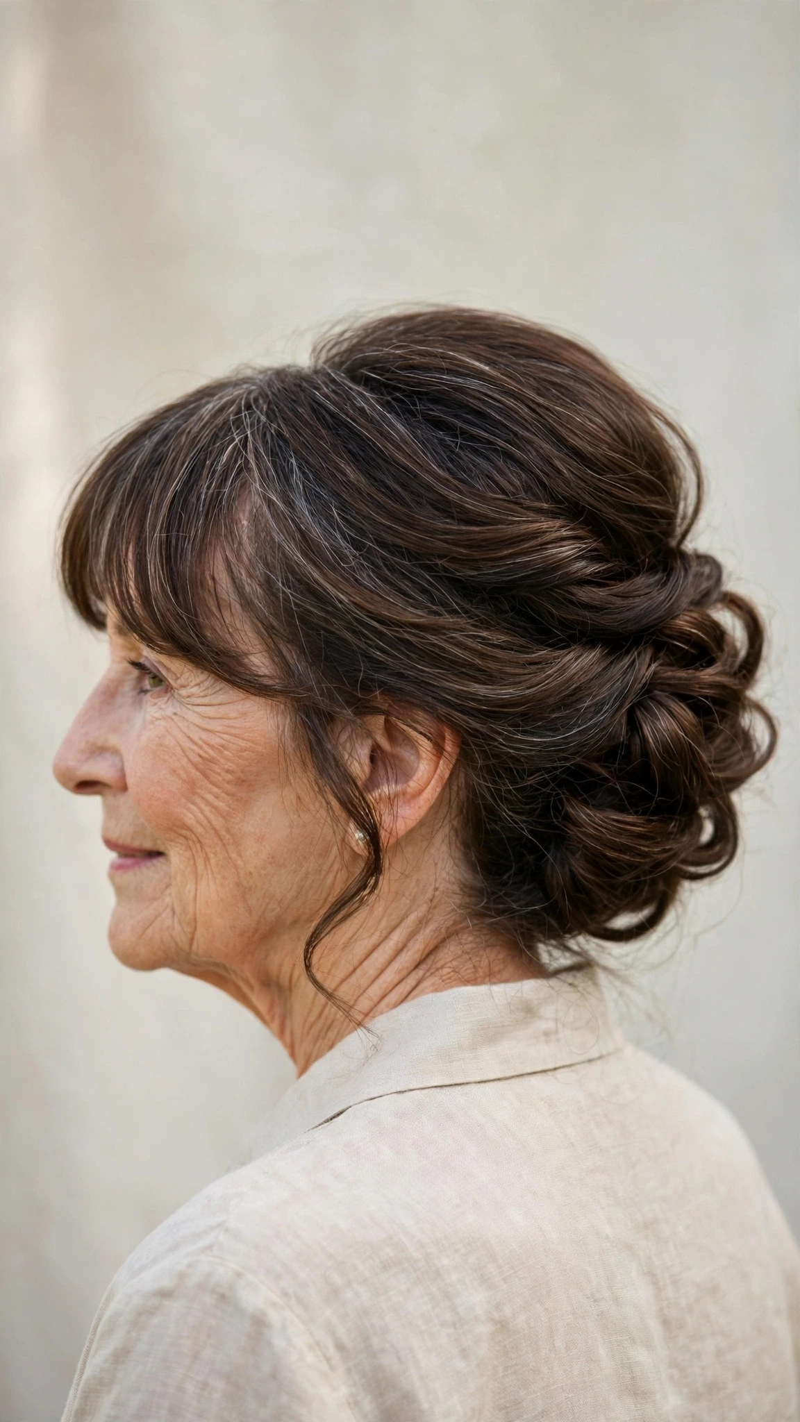 Effortless Spring Updos For Garden Parties With Smooth Glossy Lengths, A Soft Side-Swept Fringe And Natural Brunette Depth