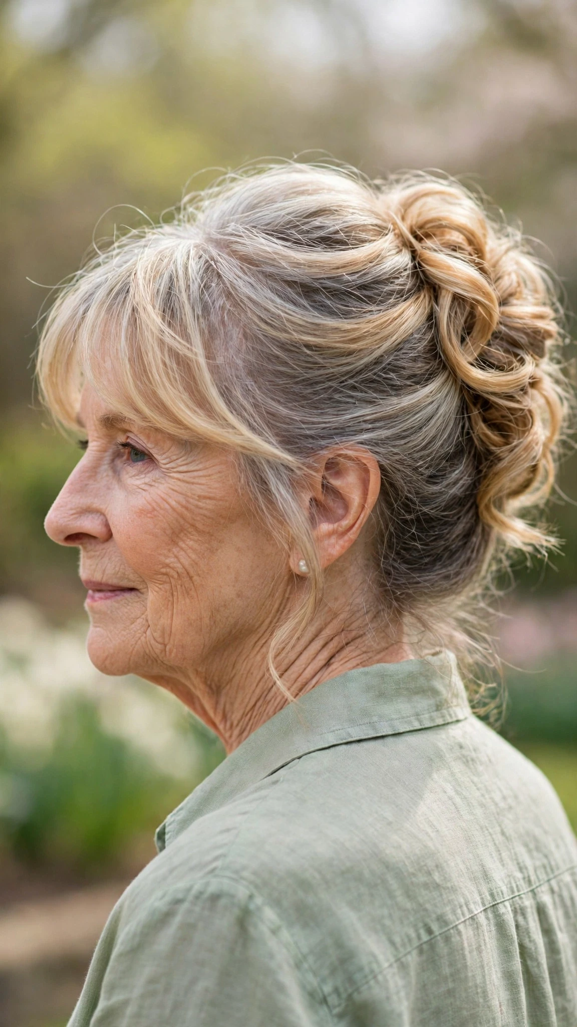 Effortless Spring Updos For Garden Parties With Smooth Glossy Lengths, A Soft Side-Swept Fringe And Soft Golden Pieces