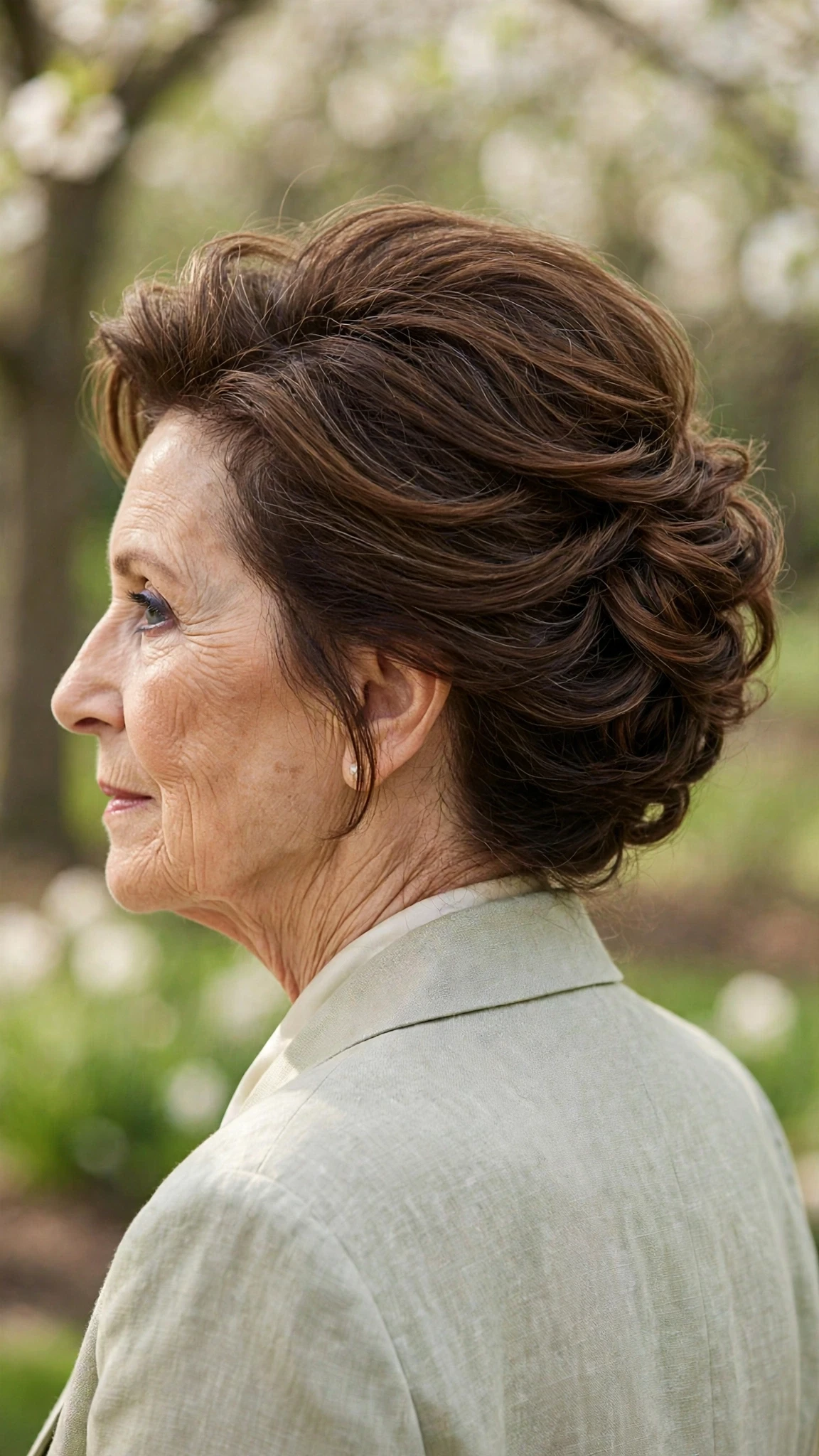 Effortless Spring Updos For Garden Parties With A Polished Blowout, Subtle Internal Layers And Rich Chocolate Depth
