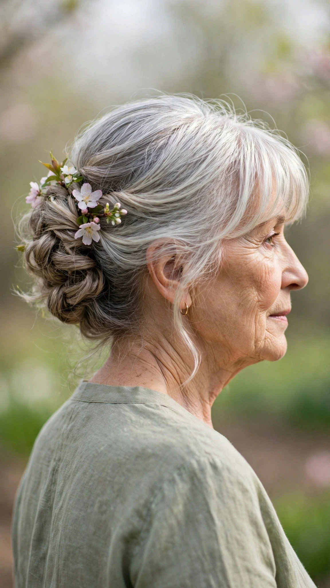 Effortless Spring Updos For Garden Parties With Smooth Glossy Lengths, A Soft Side-Swept Fringe And Silver-Blended Brightness