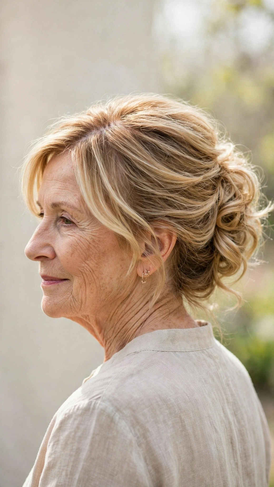 Effortless Spring Updos For Garden Parties With A Relaxed Lived-In Wave, A Centre Part With Soft Layers And Honey Blonde Shine
