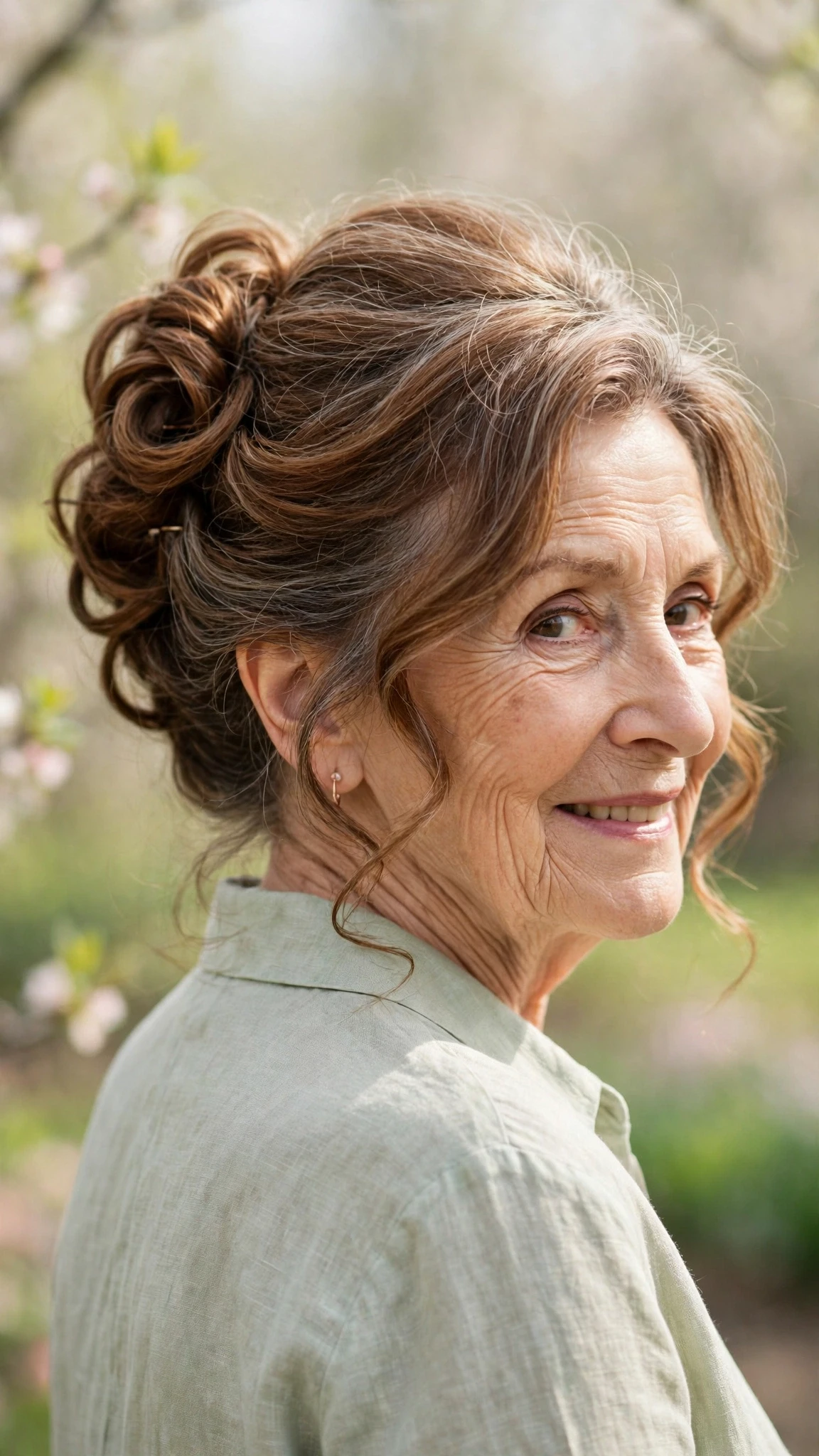 Effortless Spring Updos For Garden Parties With A Polished Blowout, Curtain Pieces And Warm Chestnut Warmth