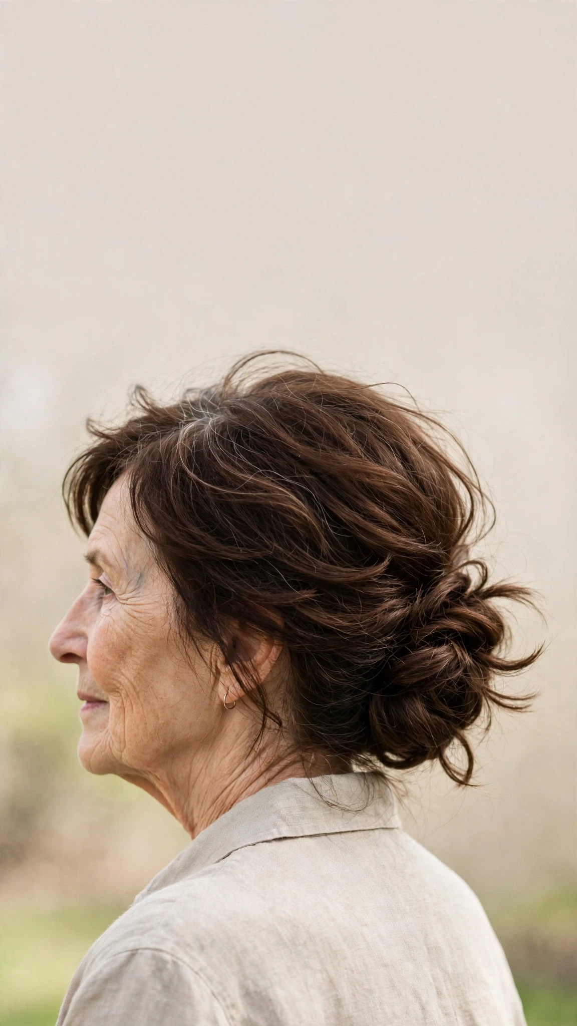 Effortless Spring Updos With A Simple Low Twist With Gentle Tousled Texture, Feathered Ends And Rich Chocolate Depth
