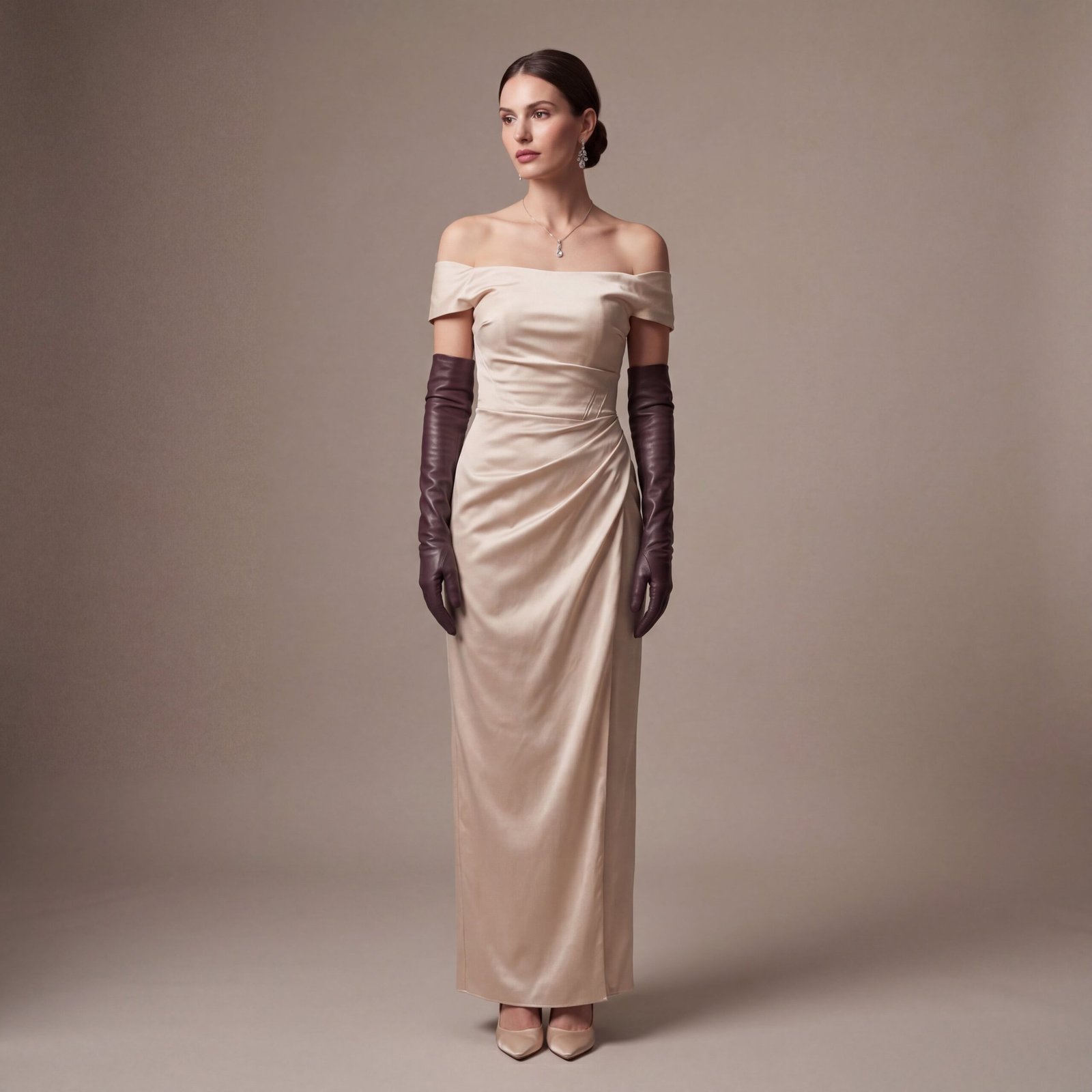Cream Dress and Brown Leather Gloves