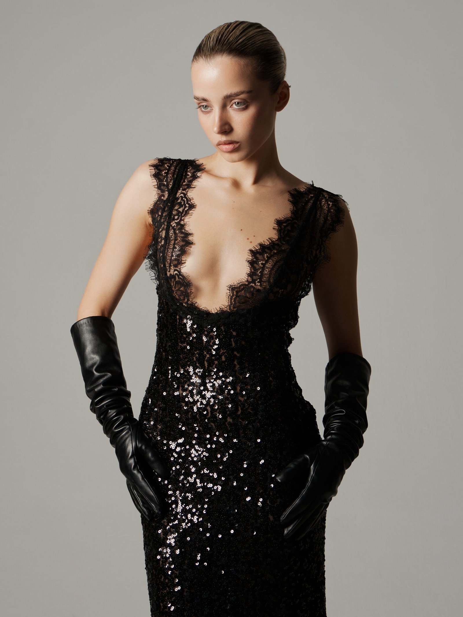 Black Lace Dress and Black Leather Gloves