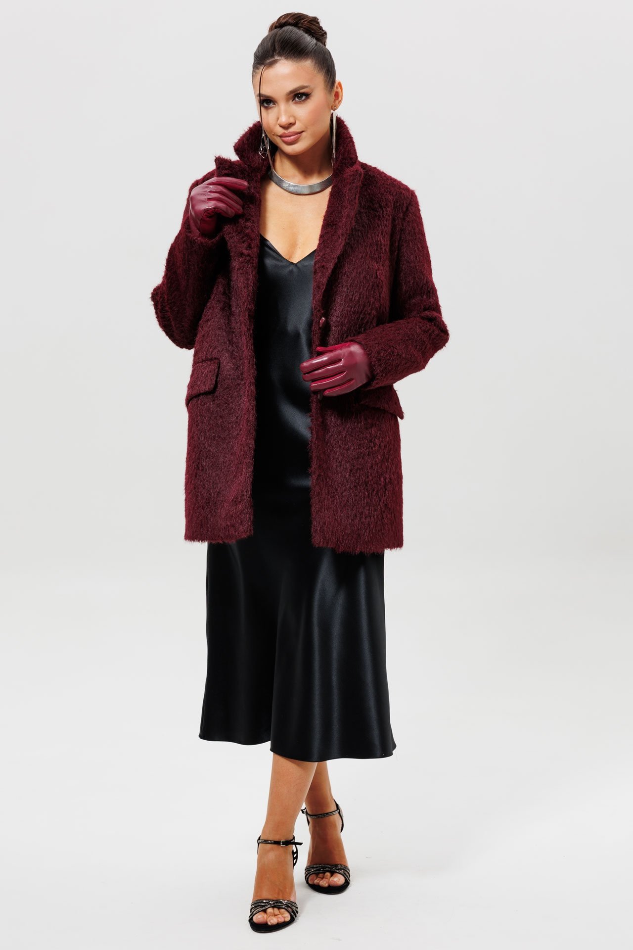 Black Satin Dress, Burgundy Leather Gloves and a Burgundy Coat