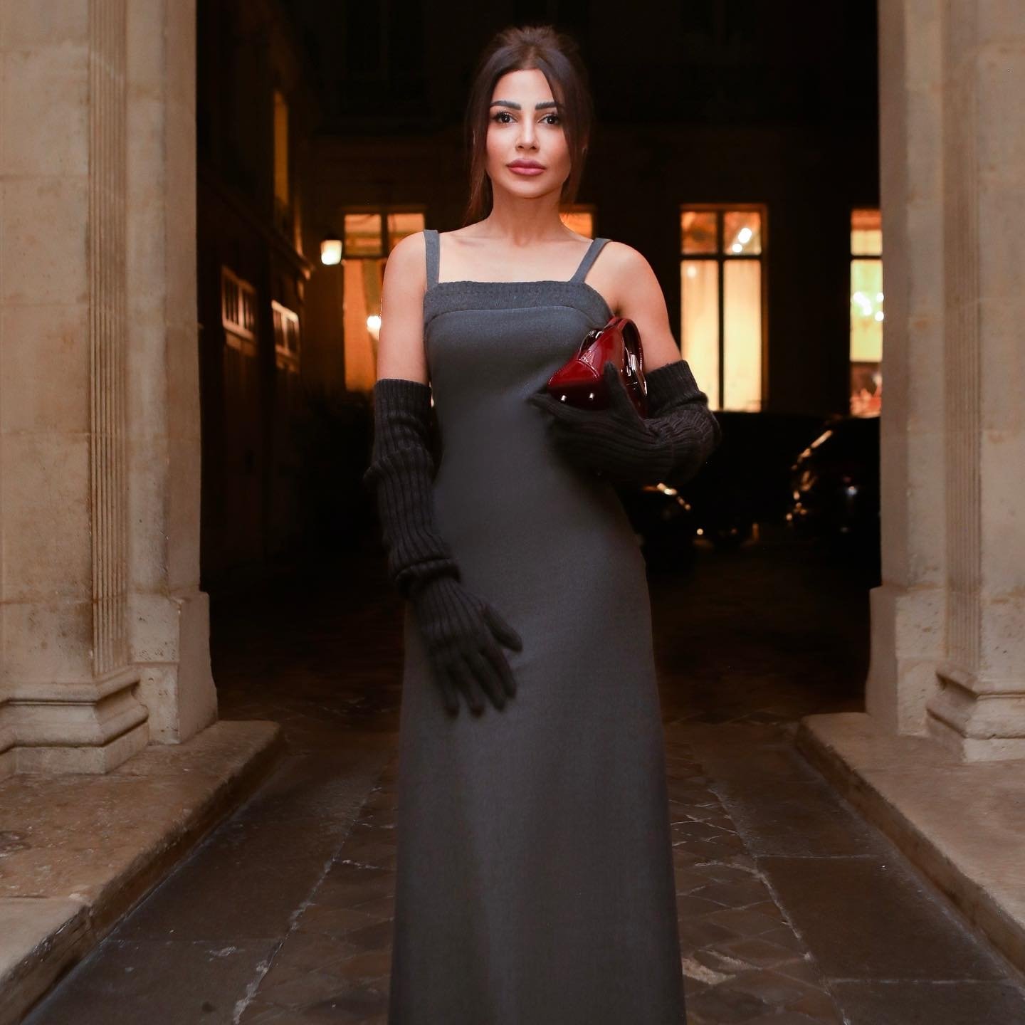 Grey Satin Dress, Black Leather Gloves and a Red Clutch