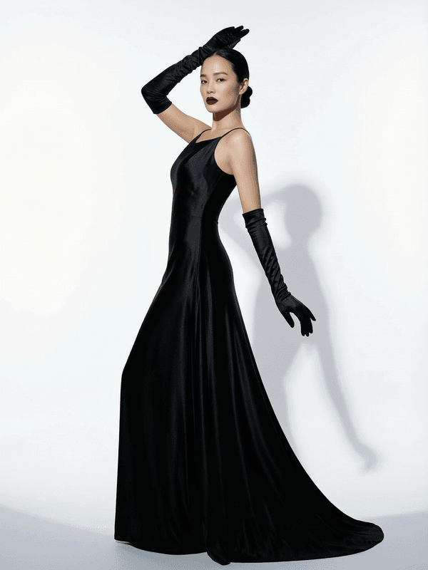 Black Evening Gown and Black Leather Gloves