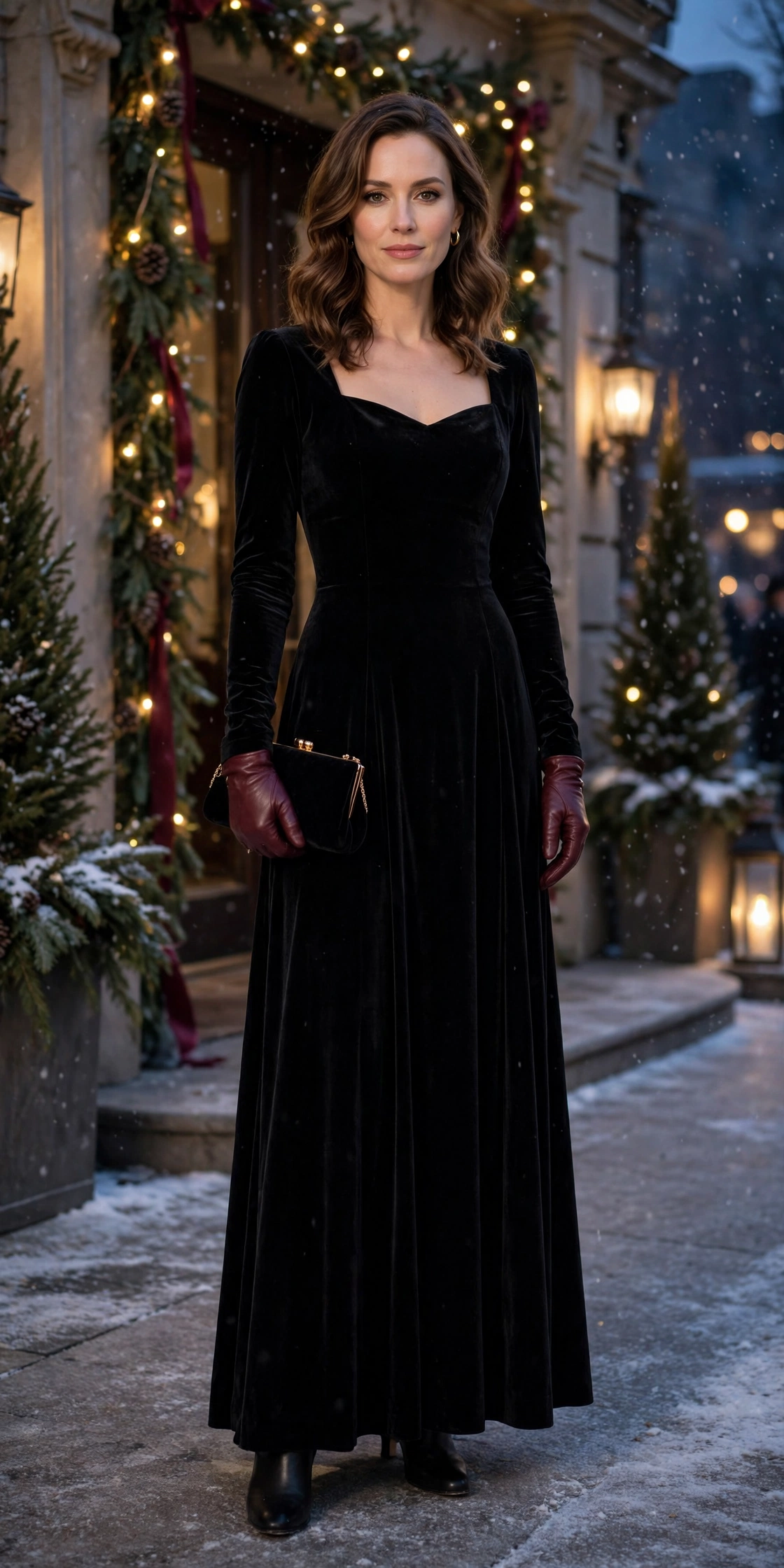 Black Velvet Gown, Burgundy Leather Gloves and a Clutch