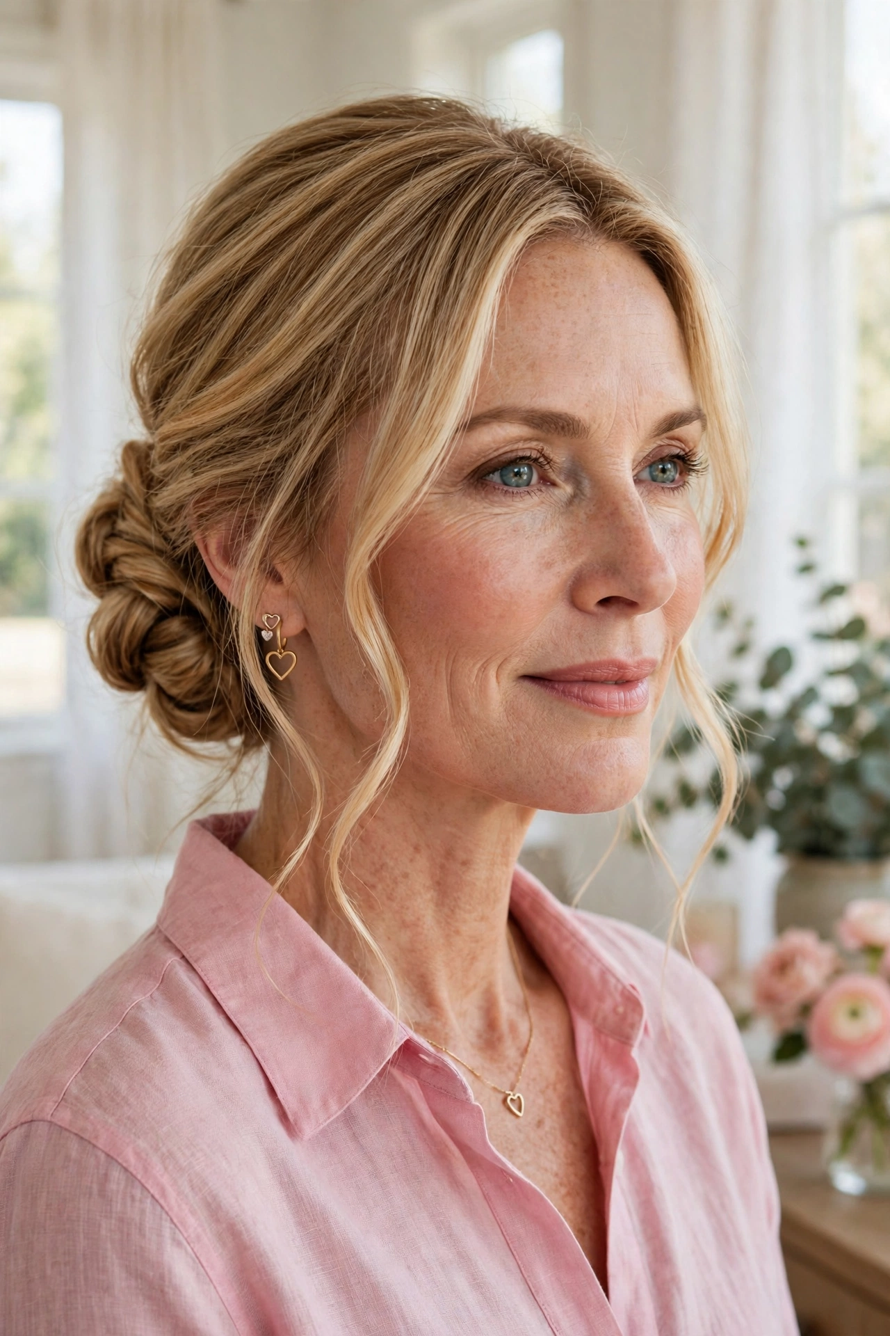 elegant twisted low bun in honey blonde with soft tendrils