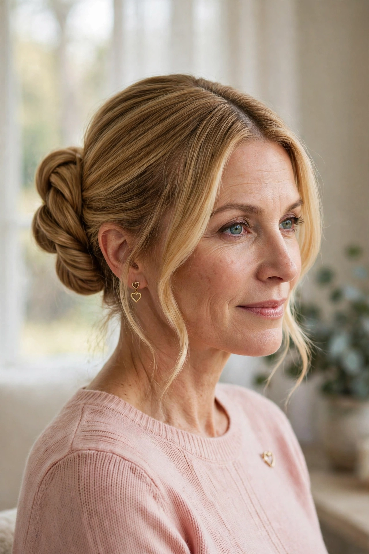 elegant double-twist bun in honey blonde with centre part