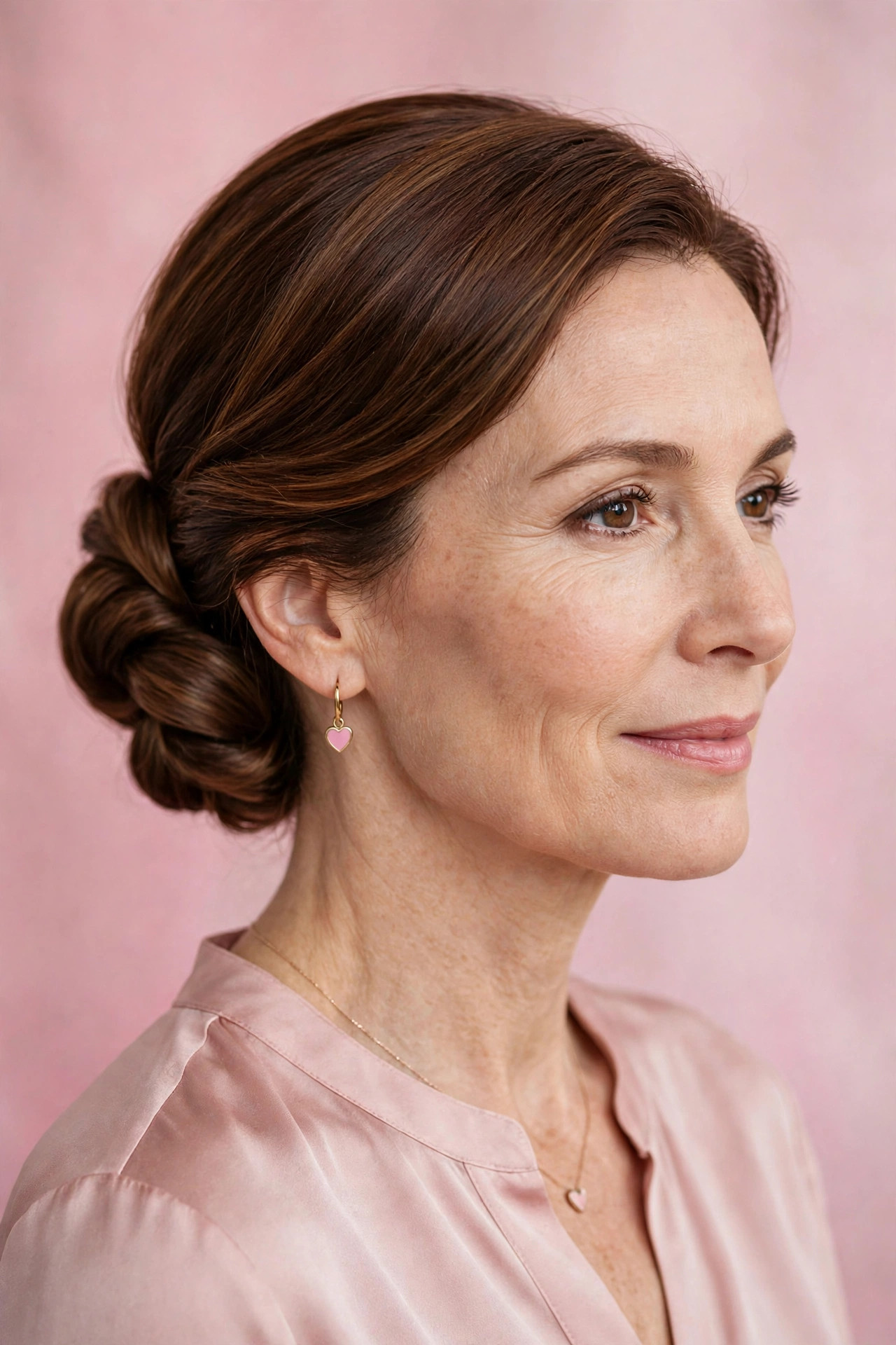 elegant twisted low bun in chestnut brown with polished finish