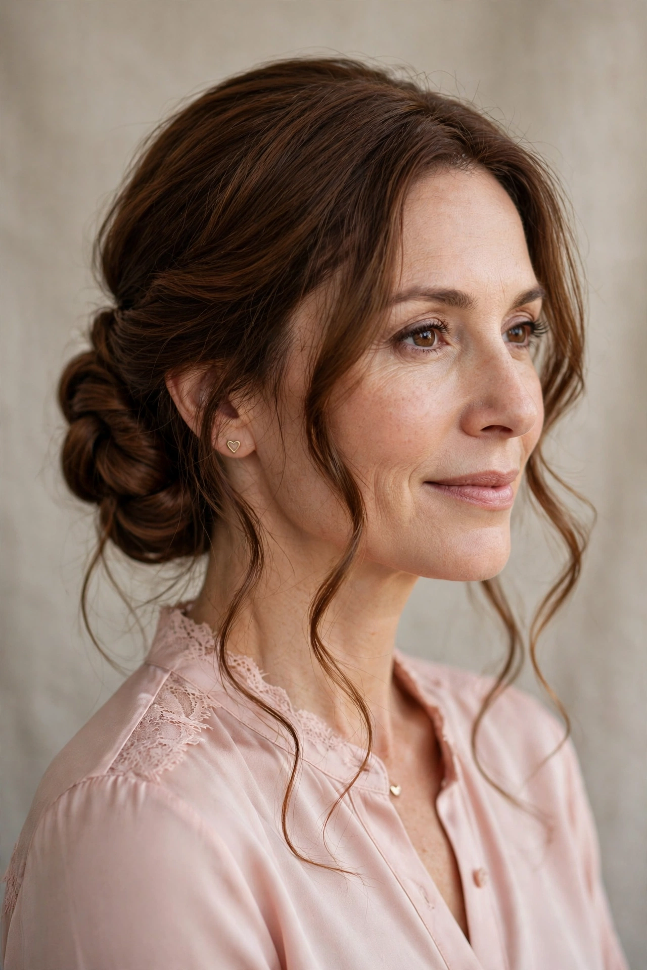 elegant twisted chignon in chestnut brown with soft tendrils