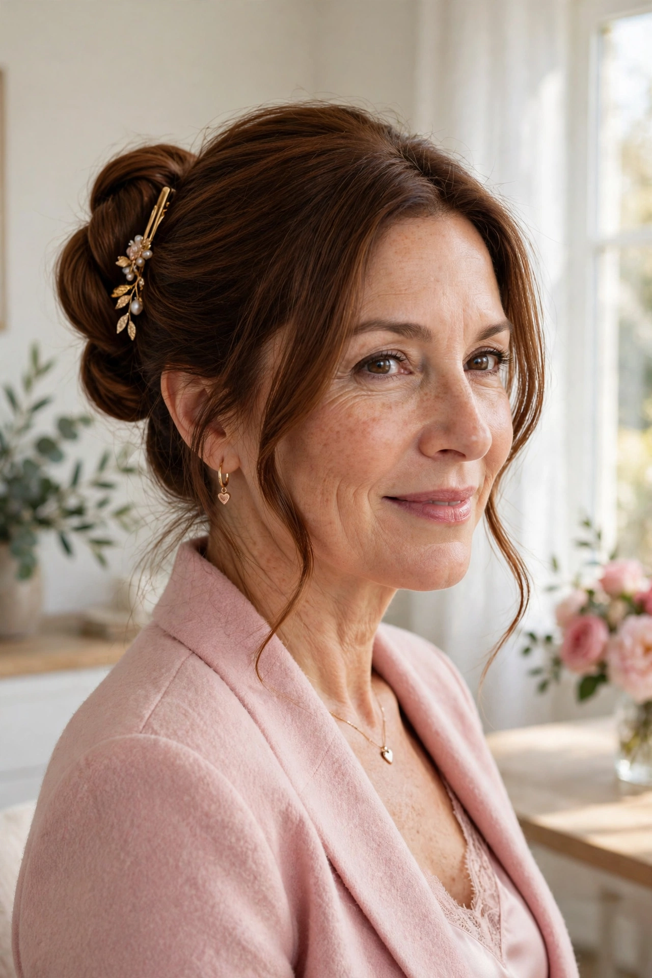 elegant double-twist bun in chestnut brown with a gold pin