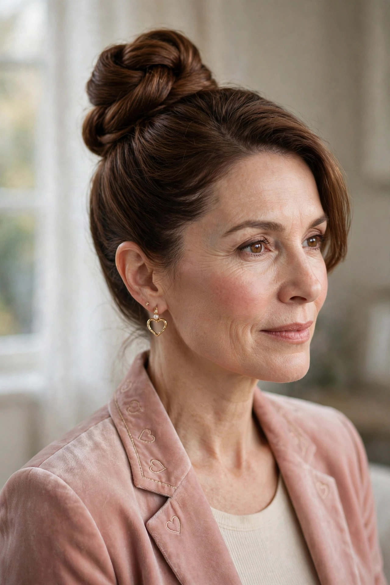 elegant high twisted bun in chestnut brown with side part