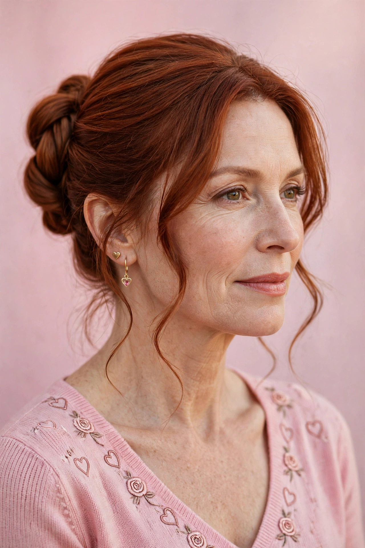 elegant double-twist bun in warm auburn with soft tendrils