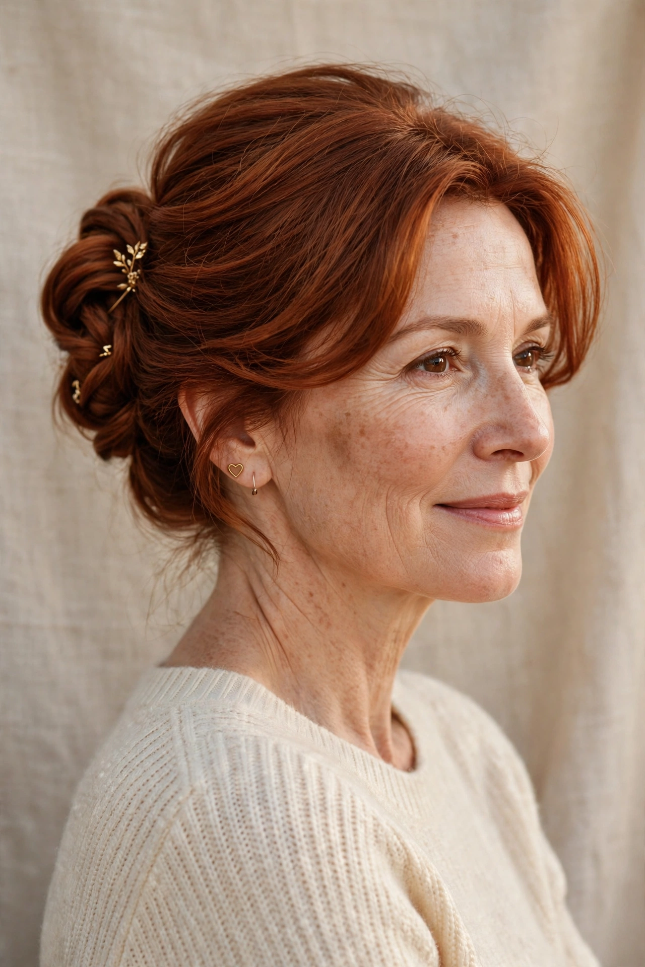 elegant soft twisted bun in warm auburn with a gold pin