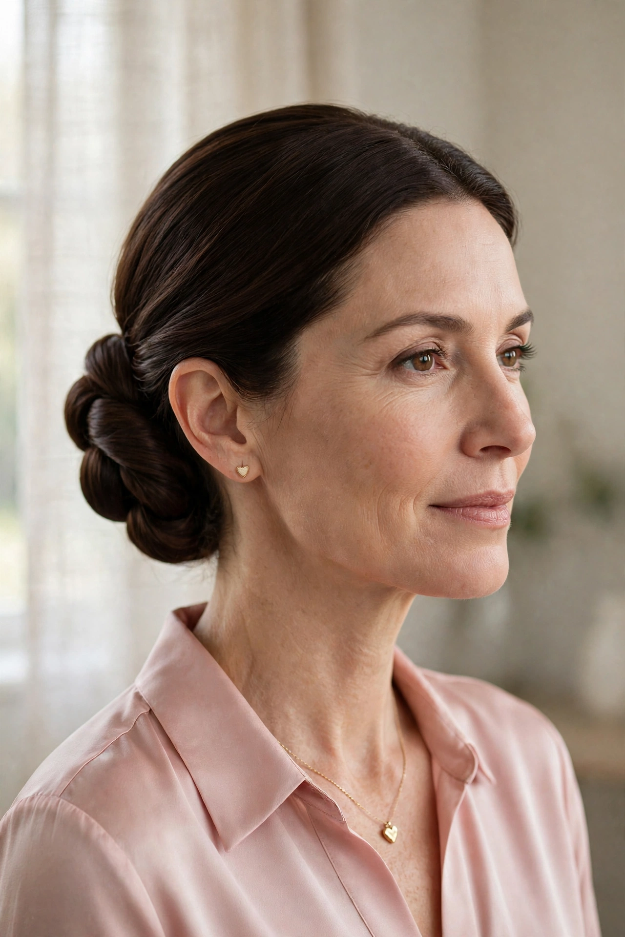 elegant twisted low bun in dark chocolate brown with sculpted smoothness