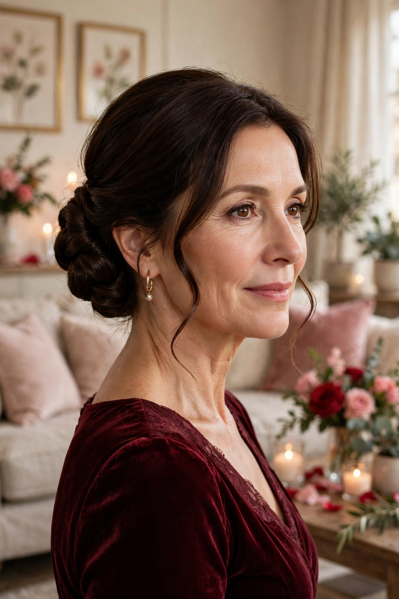 elegant twisted chignon in dark chocolate brown with dinner elegance