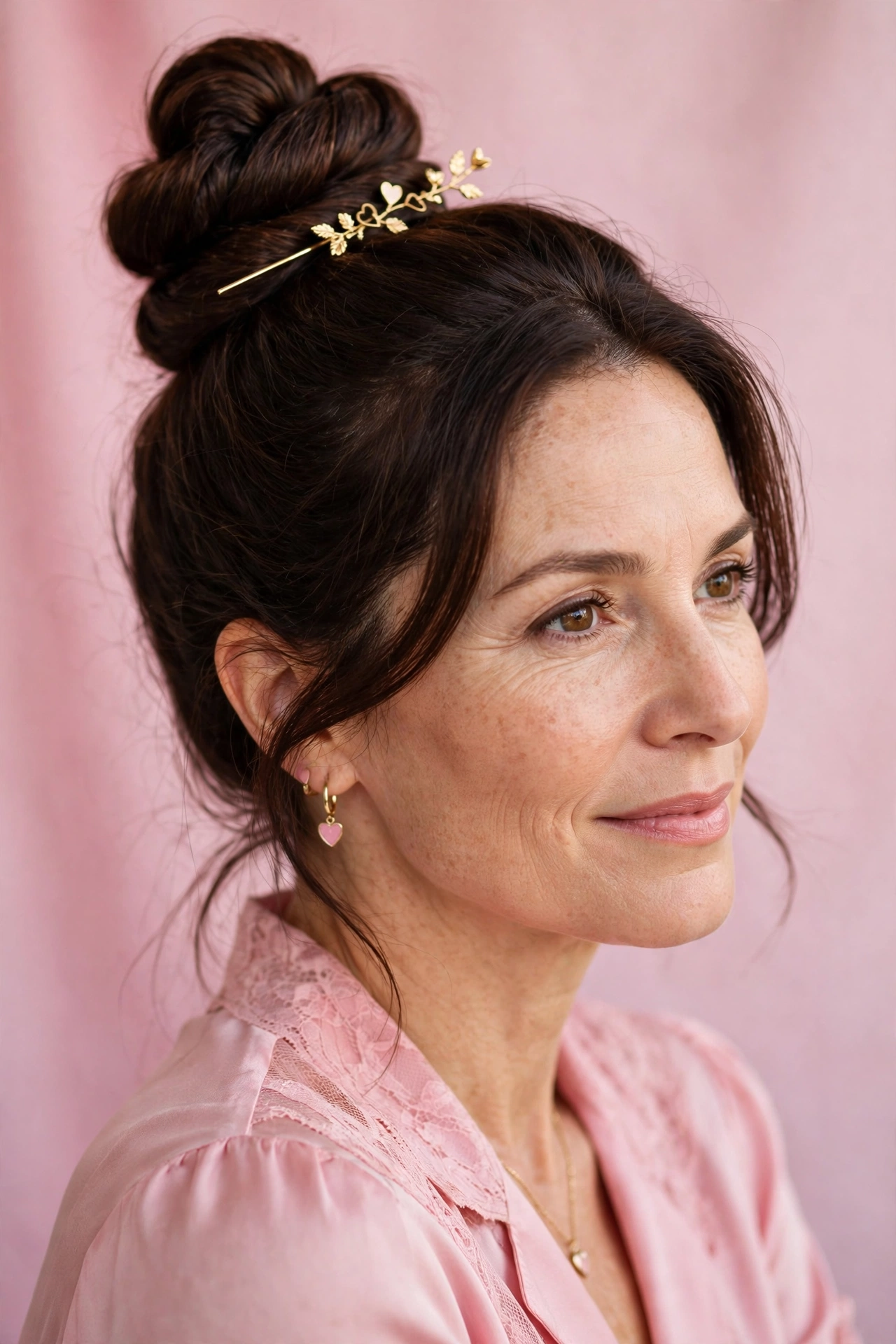 elegant high twisted bun in dark chocolate brown with a gold pin