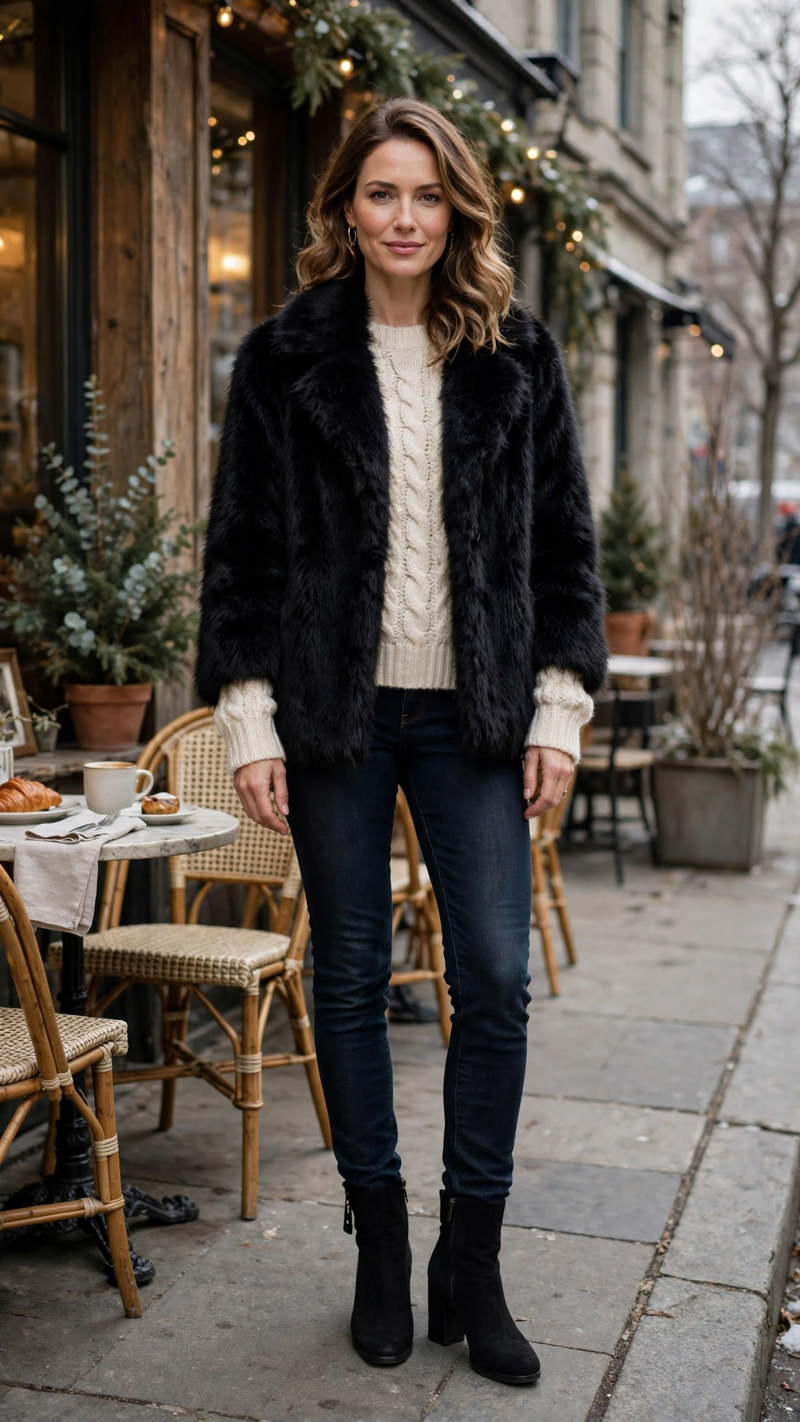 40 Faux fur coat outfits with jeans for winter weekends That Are Chic, Warm and Elegant 2 Black Faux Fur Coat with dark jeans
