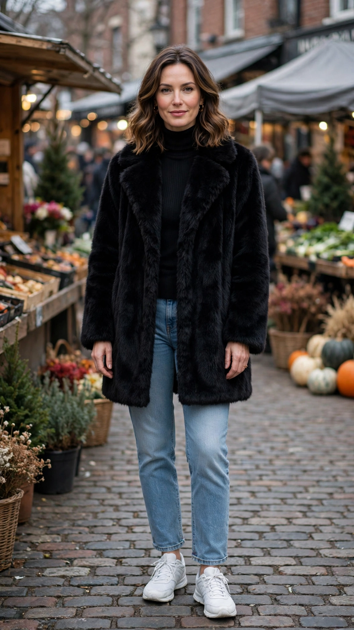 40 Faux fur coat outfits with jeans for winter weekends That Are Chic, Warm and Elegant 3 Black Faux Fur Coat with light wash jeans