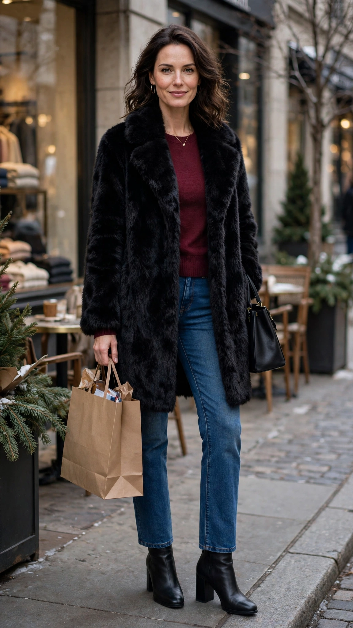 40 Faux fur coat outfits with jeans for winter weekends That Are Chic, Warm and Elegant 6 Black Faux Fur Coat with straight jeans