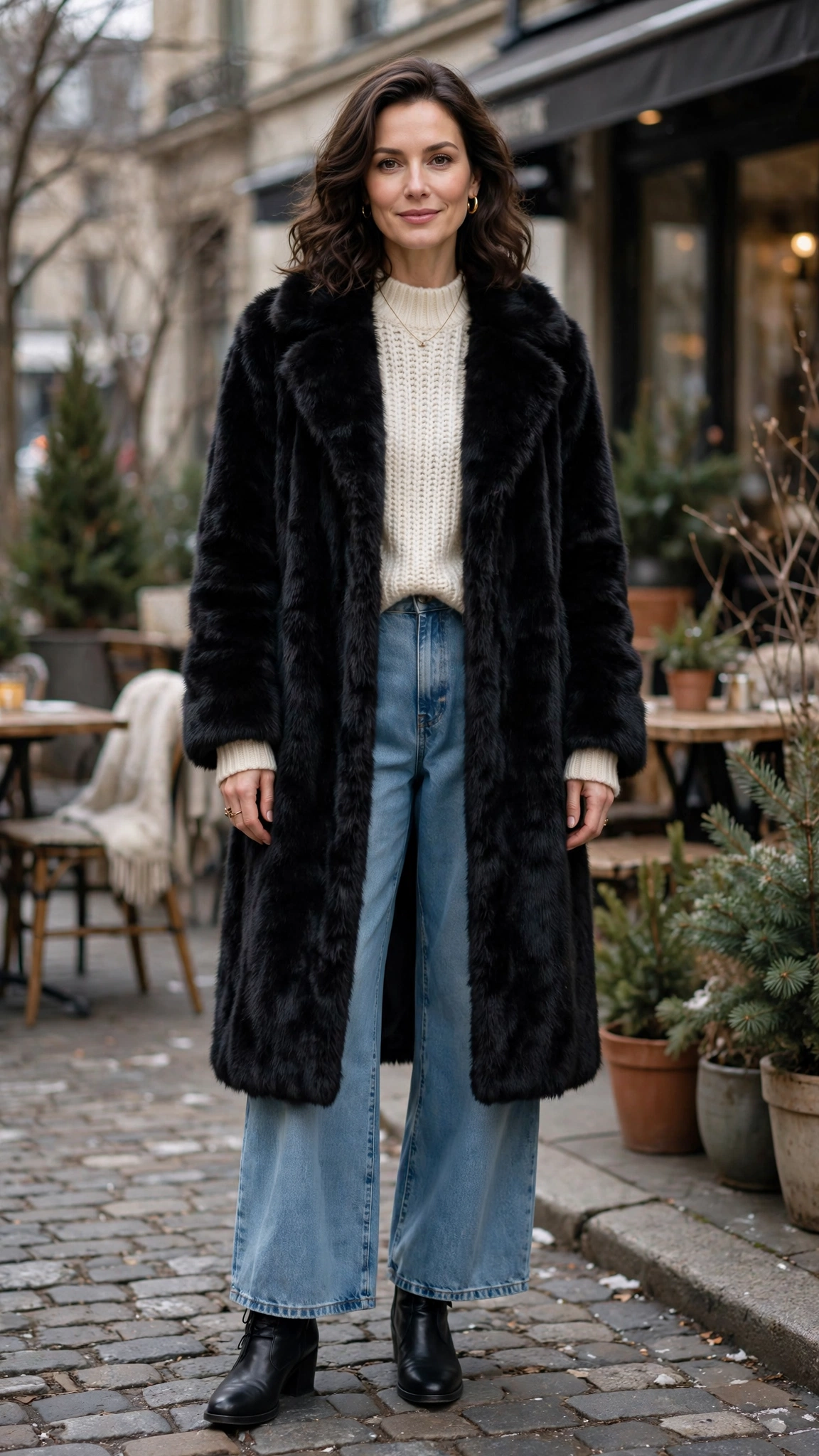 40 Faux fur coat outfits with jeans for winter weekends That Are Chic, Warm and Elegant 7 Black Faux Fur Coat with wide-leg jeans