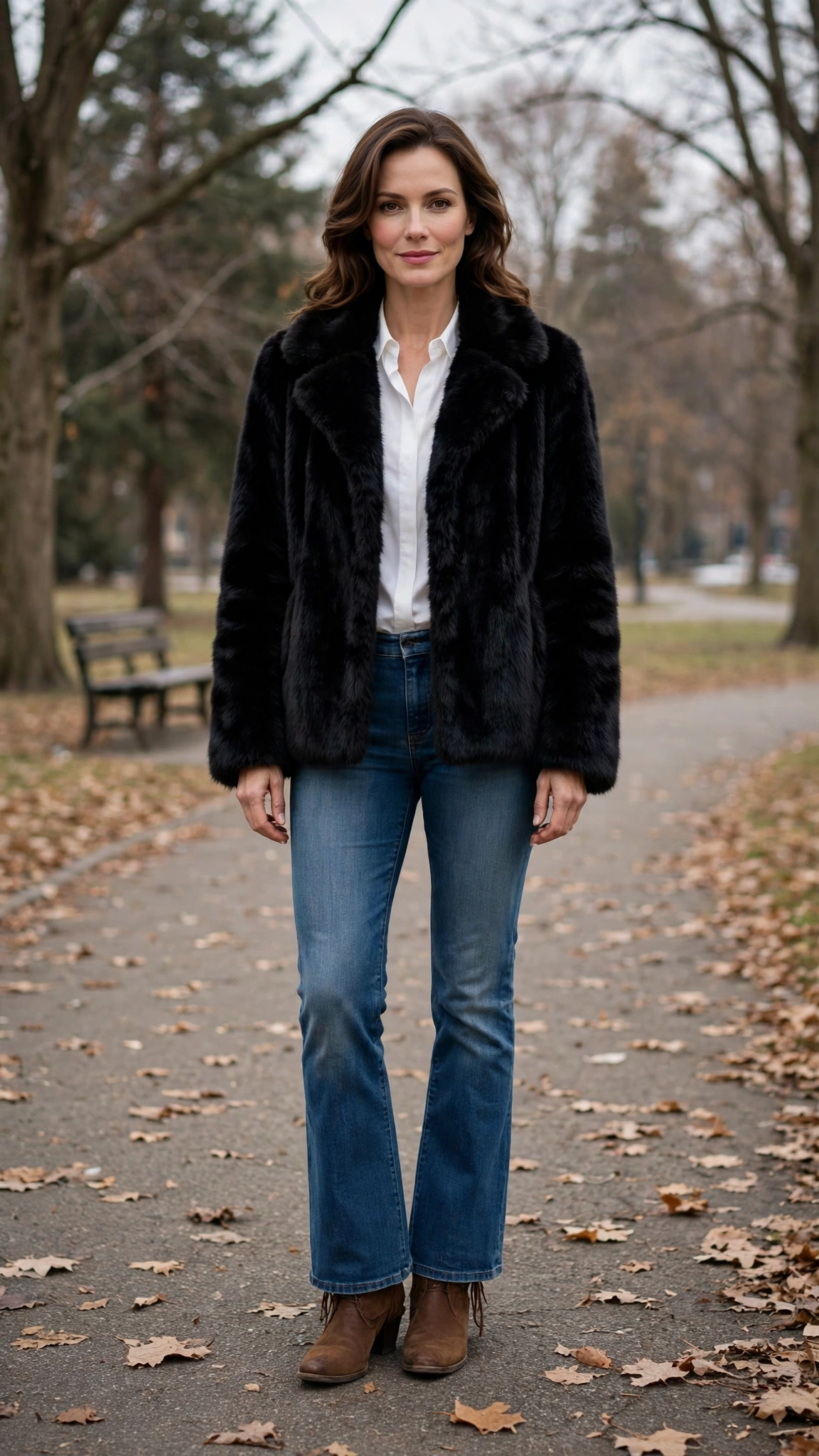 40 Faux fur coat outfits with jeans for winter weekends That Are Chic, Warm and Elegant 9 Black Faux Fur Coat with bootcut jeans