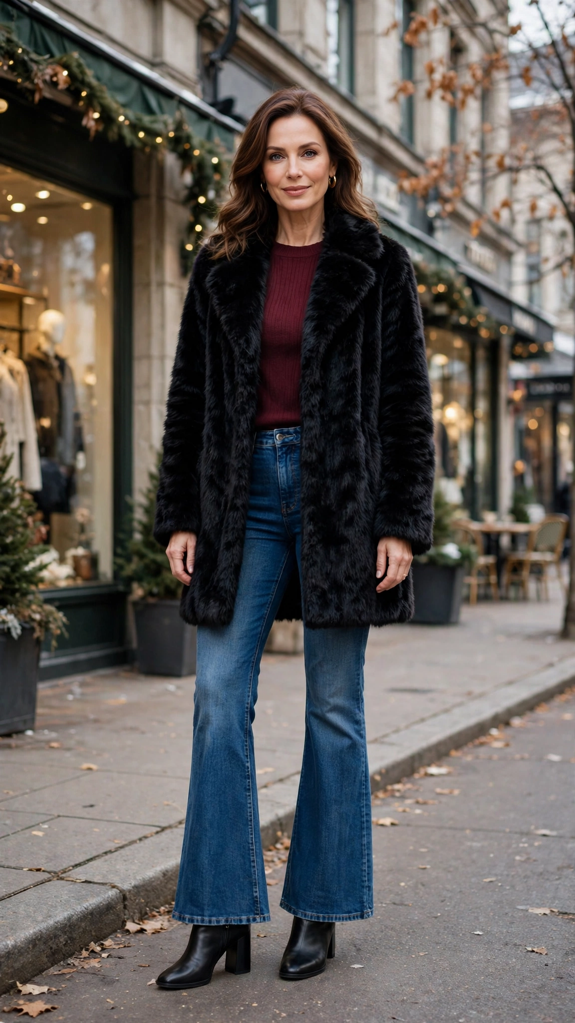 40 Faux fur coat outfits with jeans for winter weekends That Are Chic, Warm and Elegant 11 Black Faux Fur Coat with flared jeans