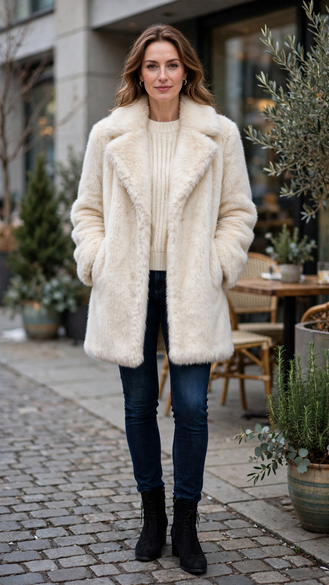 40 Faux fur coat outfits with jeans for winter weekends That Are Chic, Warm and Elegant 12 Cream Faux Fur Coat with dark jeans