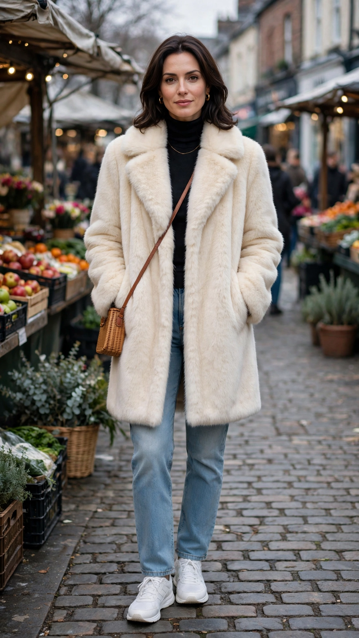 40 Faux fur coat outfits with jeans for winter weekends That Are Chic, Warm and Elegant 13 Cream Faux Fur Coat with light wash jeans