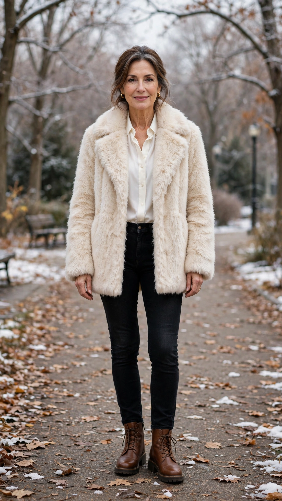 40 Faux fur coat outfits with jeans for winter weekends That Are Chic, Warm and Elegant 14 Cream Faux Fur Coat with black jeans