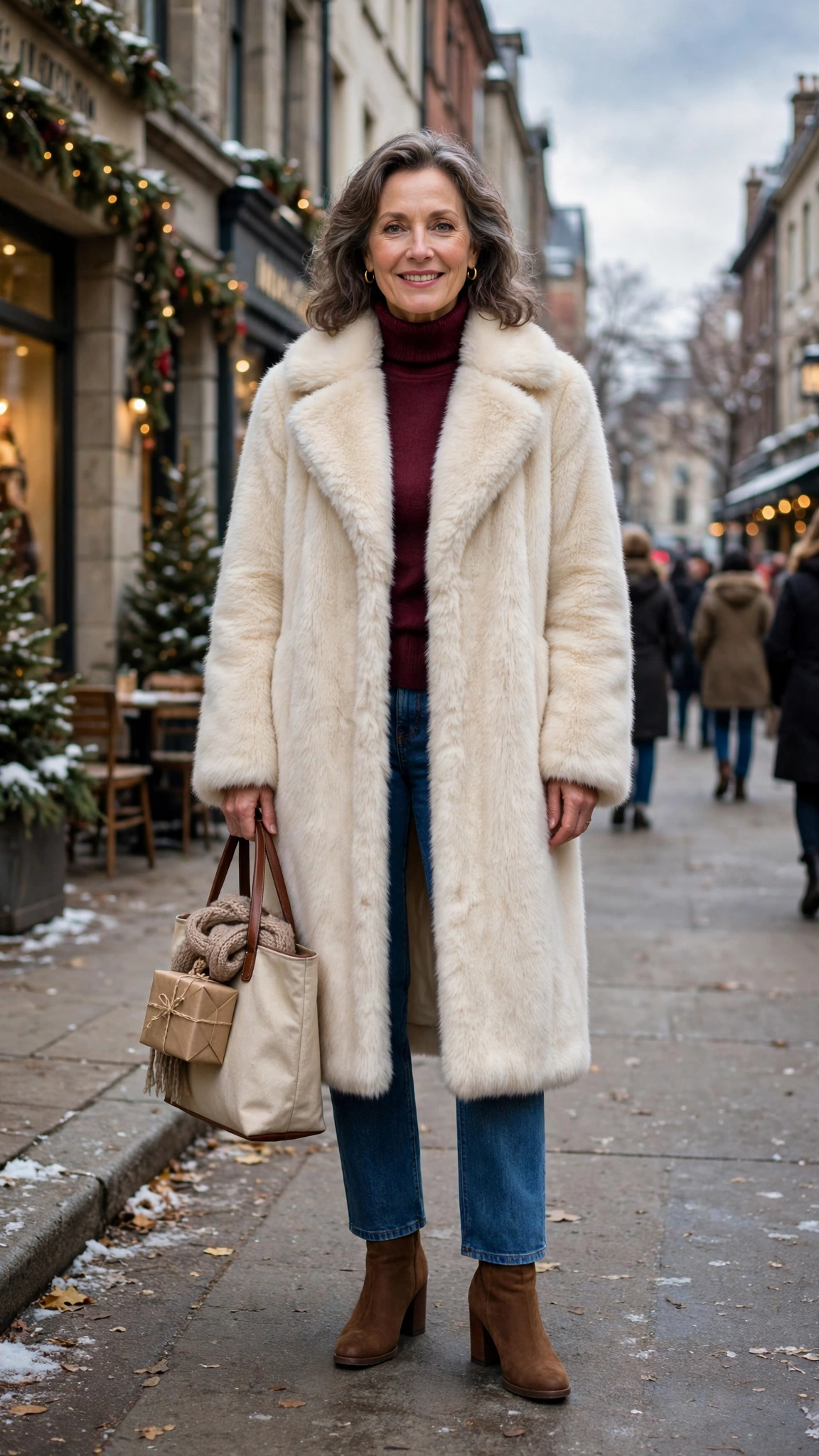 40 Faux fur coat outfits with jeans for winter weekends That Are Chic, Warm and Elegant 16 Cream Faux Fur Coat with straight jeans