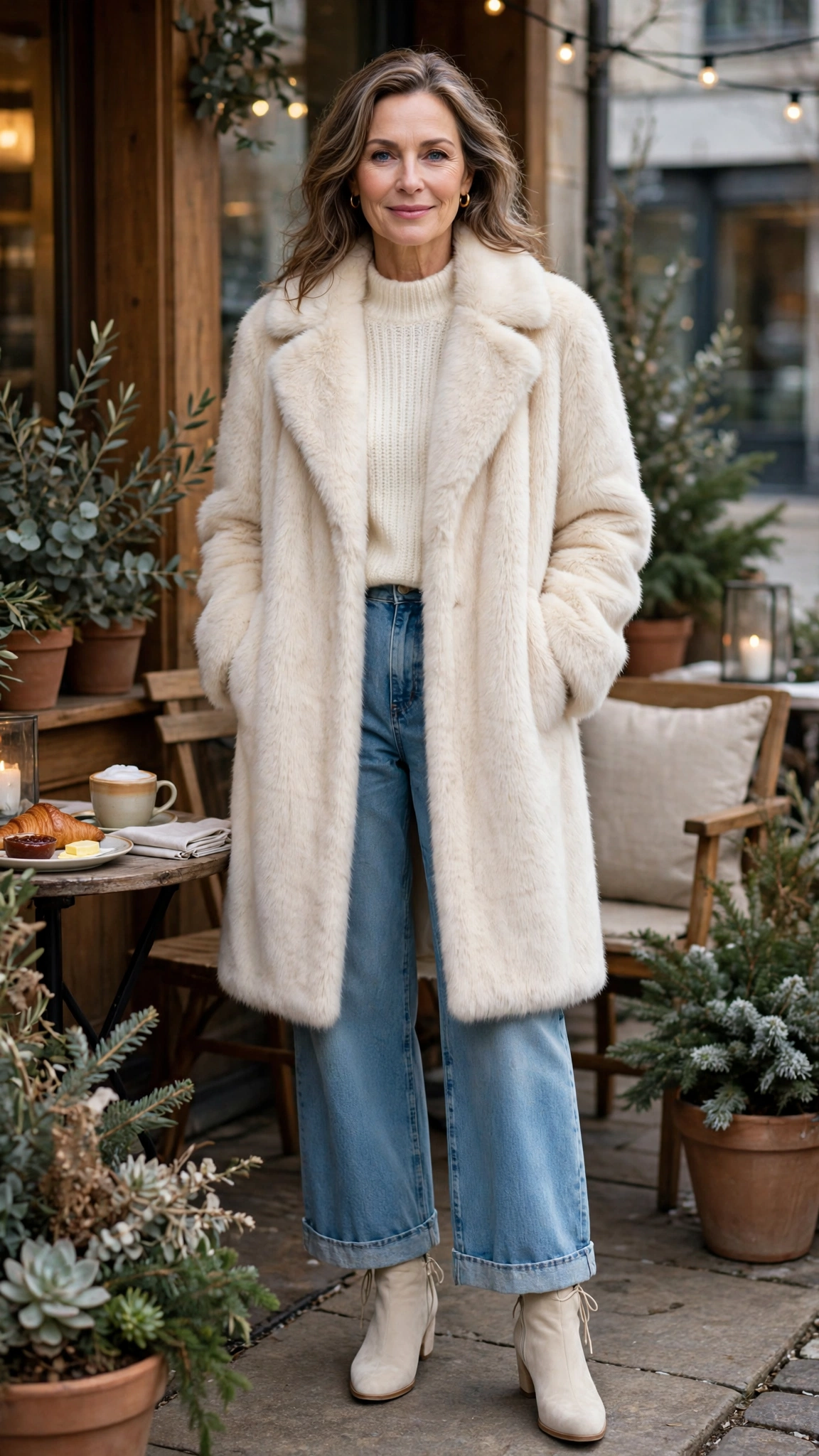 40 Faux fur coat outfits with jeans for winter weekends That Are Chic, Warm and Elegant 17 Cream Faux Fur Coat with wide-leg jeans